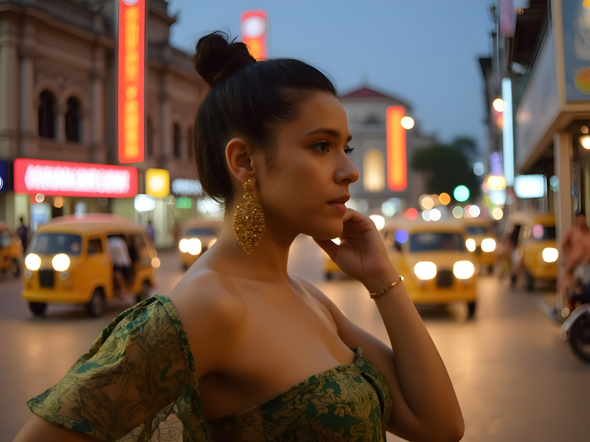 A striking 25-year-old woman embodies the vibrant spirit of Bangkok's bustling street life. She stands amidst a kaleidoscope of neon lights, capturing the city's energy in a flowing, asymmetrical silk dress adorned with traditional Thai patterns in shades of emerald and gold. Her hair is styled in a sleek bun, showcasing statement gold earrings that glint in the urban glow. The juxtaposition of her modern silhouette against the historic architecture of Wat Pho in the background creates a visual narrative that honors both heritage and contemporary flair. Captured in warm twilight, the blurred motion of passing tuk-tuks adds a sense of dynamic movement, evoking the city’s pulse. The image speaks to the allure of urban exploration and cultural fusion, inviting viewers to immerse themselves in Bangkok's vibrant atmosphere.