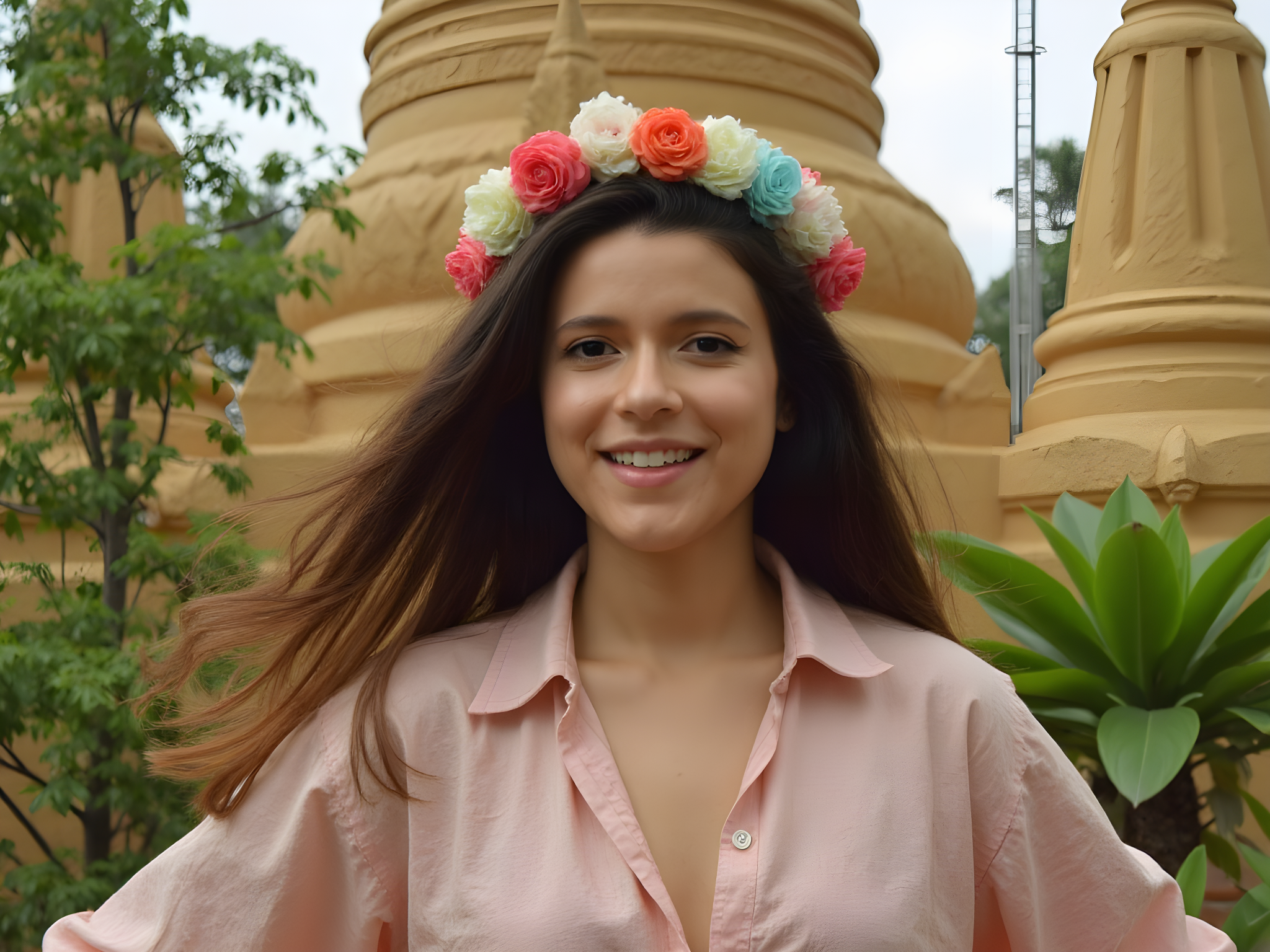 A captivating portrait of a 25-year-old female traveler in Chiang Mai, Thailand, embodying the vibrant spirit of the region. She wears a flowing, handwoven cotton dress adorned with intricate Lanna patterns in soft pastels—muted pinks, serene teals, and rich golds that reflect the local artistry. Her hair flows loosely, embellished with a vibrant floral crown made from local blooms, imbuing the image with an ethereal quality. She stands gracefully in a lush temple garden, surrounded by intricate Buddhist architecture, with the soft afternoon light filtering through the foliage, creating dappled shadows across her face. The composition expresses serenity and wonder, highlighting the cultural richness that envelops the subject. The photograph captures a moment of quiet contemplation, inviting viewers to immerse themselves in the beauty and spiritual essence of Chiang Mai.