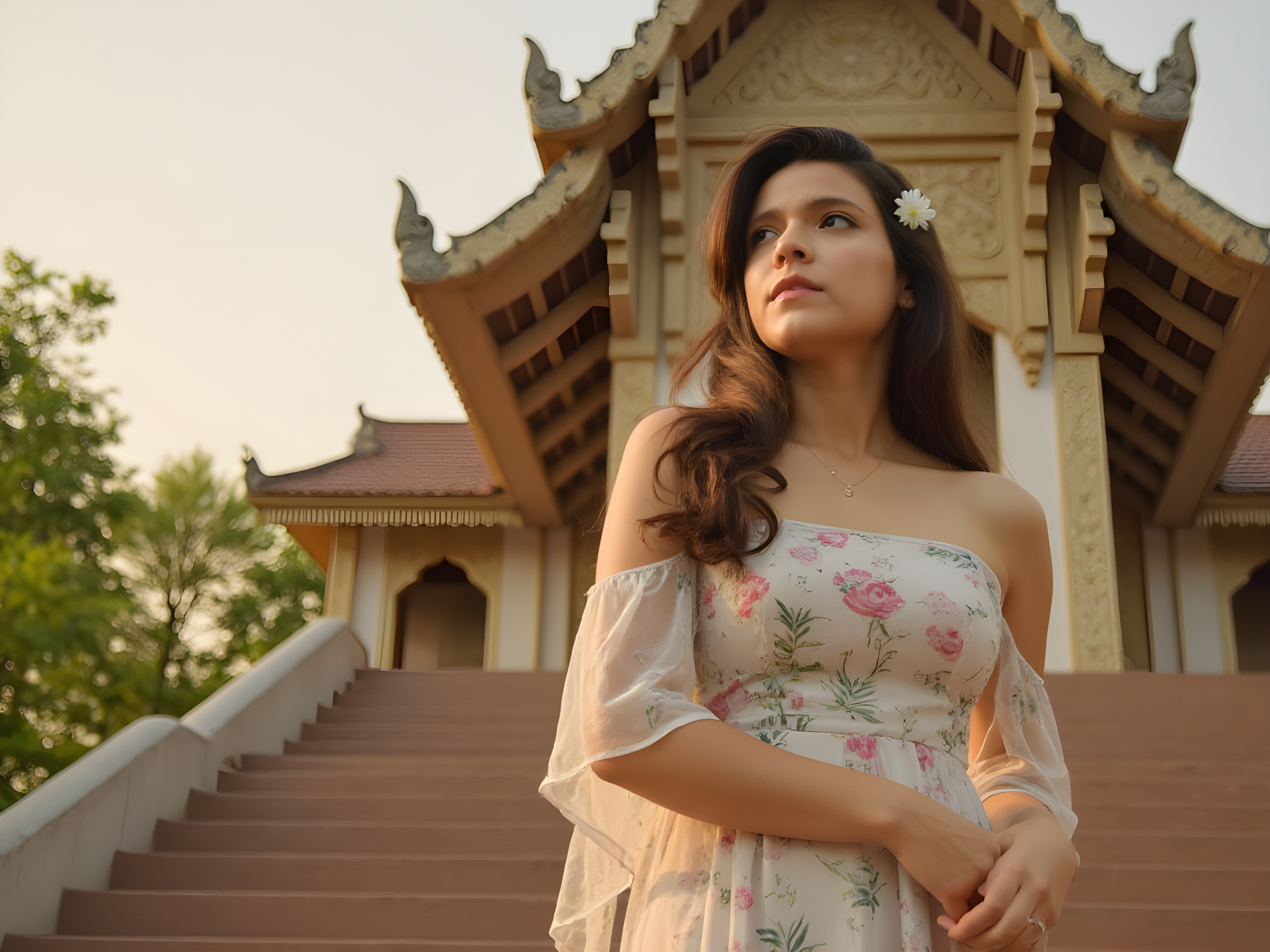 A 25-year-old woman embodies the tranquil beauty of Northern Thailand's Doi Suthep in an enchanting editorial portrait. Dressed in a flowing, ankle-length, floral chiffon gown in soft pastels that capture the essence of the region's vibrant blossoms, she stands serenely on the temple’s steps. Her hair cascades in loose waves, adorned with delicate jasmine flowers that echo the local flora. The ethereal atmosphere is enhanced by golden hour light, casting a warm glow that highlights her features and the intricate details of the temple's architecture behind her. She gazes thoughtfully into the distance, projecting a sense of inner peace and cultural connection as the backdrop of lush greenery frames the scene. This composition captures the sensuality and serenity of a modern muse, steeped in the rich heritage of Thailand, blending both fashion and narrative elegantly.
