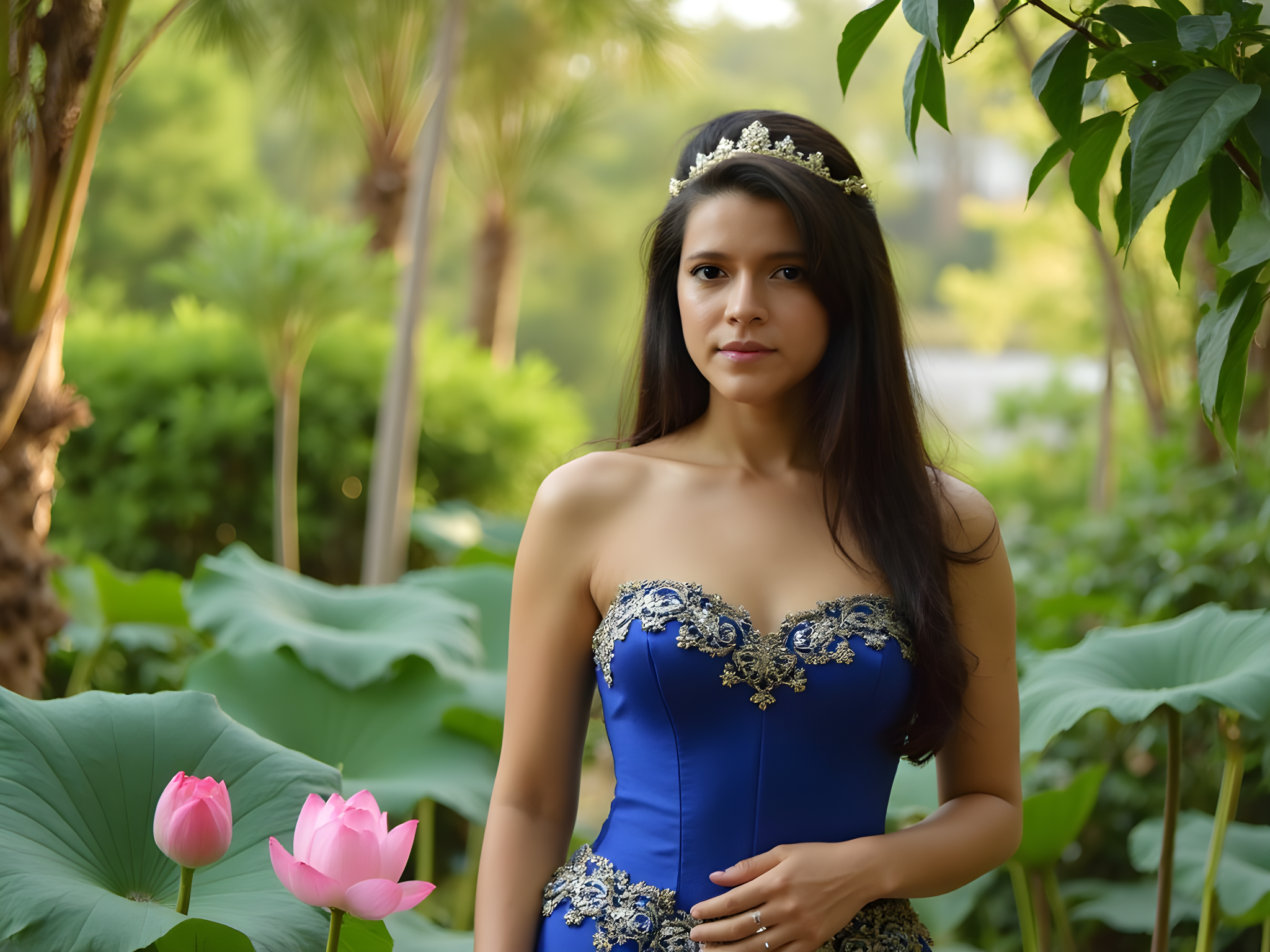 A 25-year-old Thai woman, embodying the serene beauty of traditional Thai culture, is captured standing gracefully in a lush, tropical garden. She wears an exquisite silk Thai dress, featuring deep royal blue with intricate gold embroidery celebrating the delicate artistry of Thai craftsmanship. The dress is adorned with a corseted bodice and a flowing sarong that cascades down, paired with a traditional gold chada tiara elegantly perched on her long, dark hair. Her expression is tranquil yet powerful, as she stands barefoot on a pathway lined with lotus flowers. Natural sunlight filters through the dense foliage, creating an ethereal glow that highlights her features and the rich textures of her attire. The composition showcases the harmony between her and the vibrant nature around her, evoking a sense of cultural pride and timeless beauty.