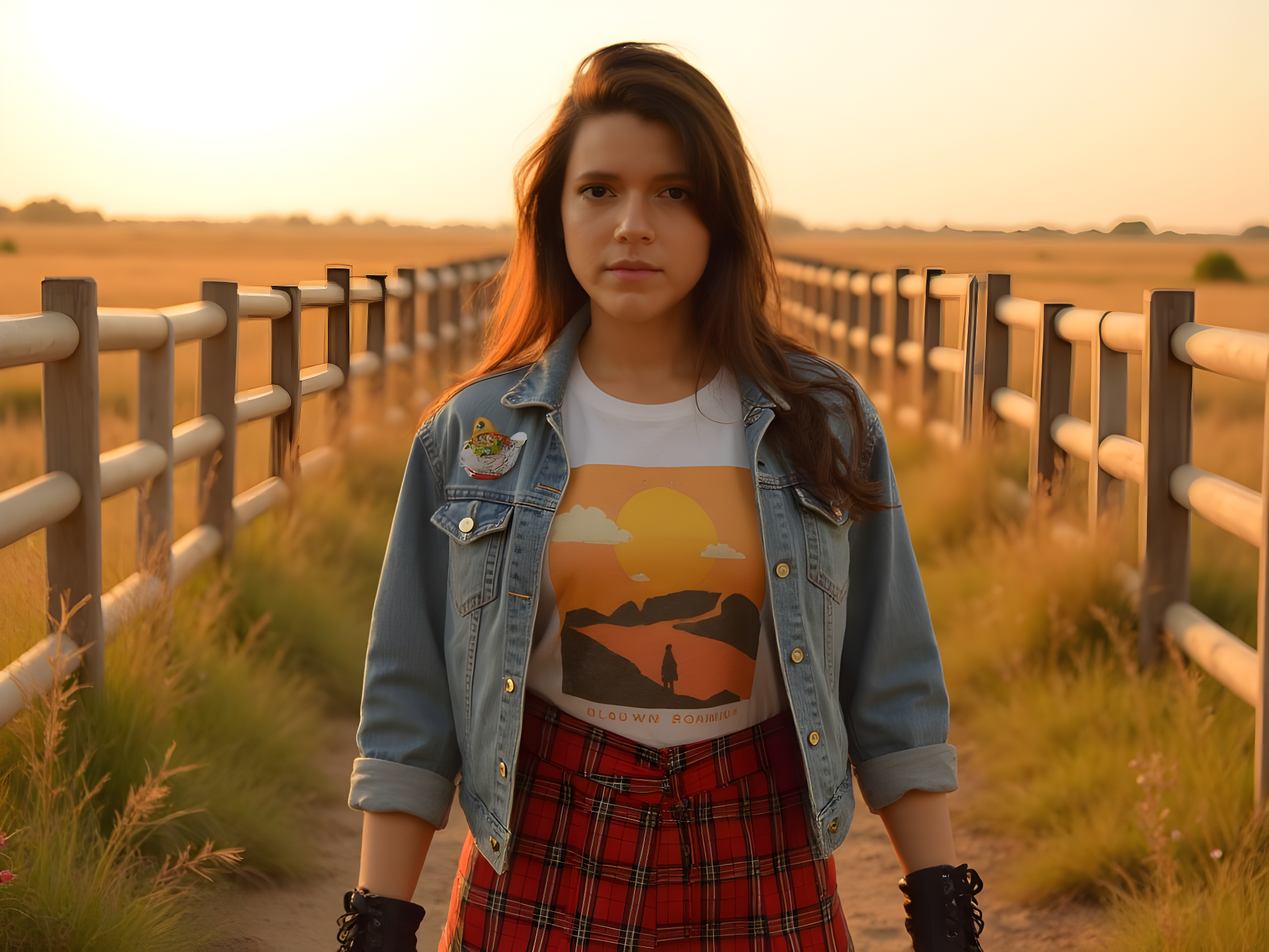 A 25-year-old female figure captures the essence of carefree rebellion, embodying the spirit of 'Old Town Road' with a modern twist. She wears a distressed denim jacket adorned with patches, layered over a vintage graphic tee depicting a sunset over rolling hills. Her flowing, plaid maxi skirt forms a bold contrast, catching the wind like a wildflower dancing in a summer breeze. Laced combat boots ground her look, symbolizing strength and independence. She stands confidently in an open field, with rustic wooden fences and wildflowers framing her silhouette under a golden sunset. The lighting is warm, with a sun-kissed glow that enhances her ethereal presence. Her expression is playful yet determined, reflecting the freedom found on life’s winding roads. This editorial imagery is a celebration of contemporary Americana, channeling the essence of youth culture intertwined with nostalgia.