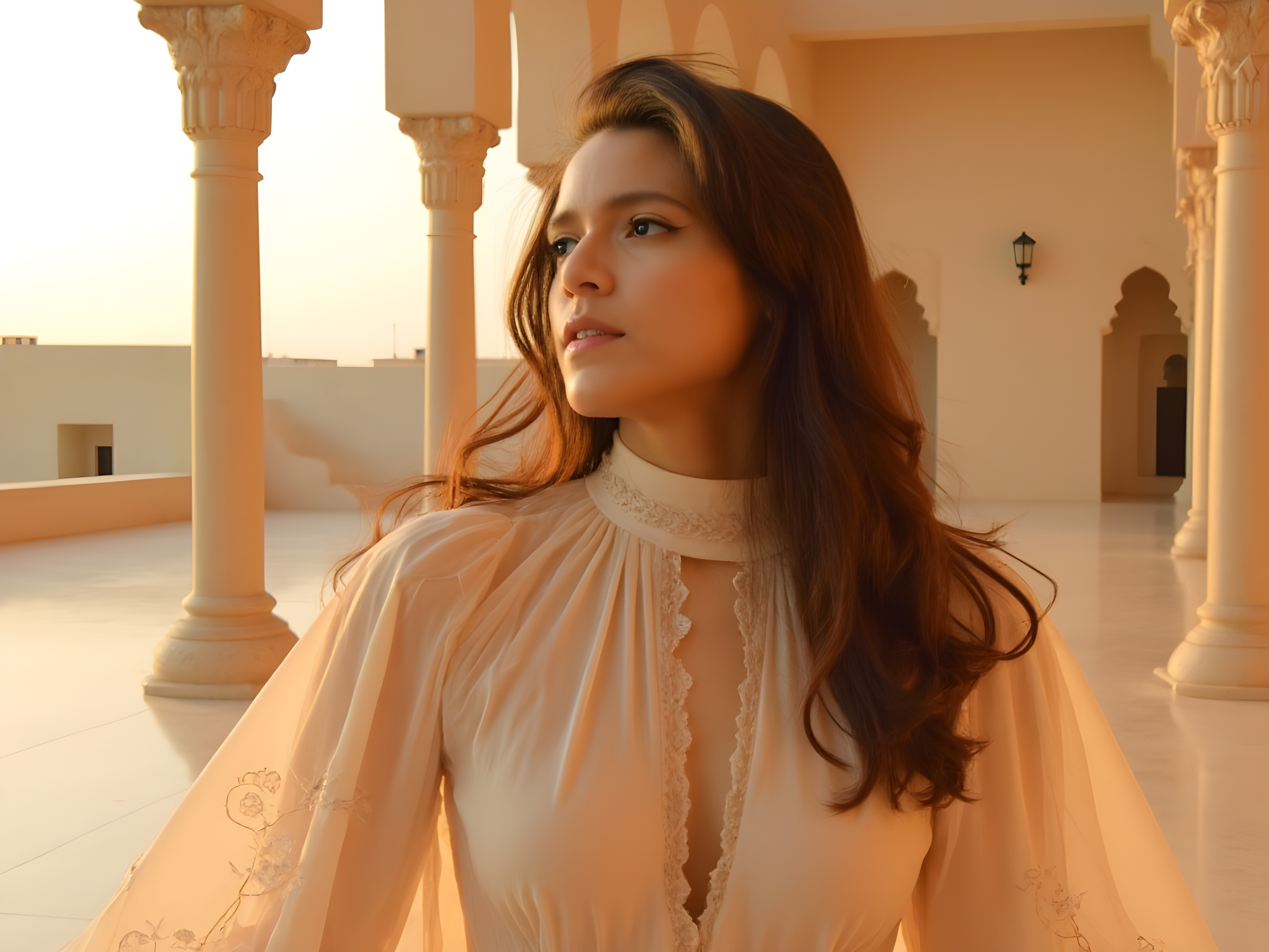 A mesmerizing portrait of a 25-year-old woman, embodying the essence of a modern-day empress, set against the majestic backdrop of Qasr Al Watan in Abu Dhabi. She wears an exquisite, flowing gown crafted from moonstone chiffon, adorned with delicate embroidery that mirrors the intricate patterns of the palace's architecture. The silhouette features a high neckline and elegantly draped sleeves, creating an ethereal aura. The warm golden light of the setting sun cascades over her, illuminating her serene expression and emphasizing the graceful curves of her figure. Her long, cascading hair, styled in soft waves, glistens like silk, and she gazes thoughtfully into the distance, encapsulating the symphony of culture and royalty. The composition balances the grandeur of the palace and the delicate beauty of the subject, creating a harmonious narrative of strength and elegance.