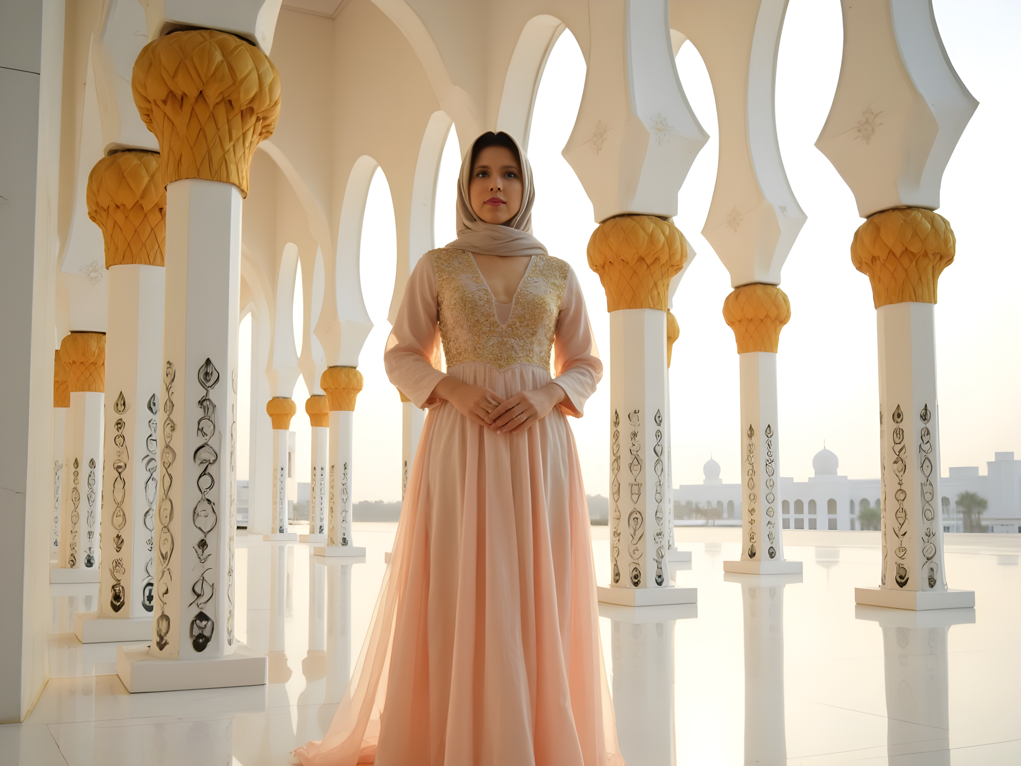 A 25-year-old woman embodies the spirit of serenity and cultural richness at the Sheikh Zayed Mosque. Draped in an exquisite long-sleeved, floor-length gown made of iridescent chiffon, the soft pastel hues mirror the marble details of the mosque's stunning architecture. Intricate embroidery with gold filigree accents the gown's bodice, evoking the ornate artistry of Islamic design. Her headscarf flows elegantly, framing her face in delicate folds. She stands gracefully with one foot slightly forward, hands gently clasped in front of her, radiating both tranquility and power. The ethereal morning light filters through the mosque’s arches, casting intricate shadows that dance across the reflective marble floor. The composition balances the grandeur of the mosque while emphasizing the subject’s poise and elegance, capturing a harmonious blend of tradition and modernity.