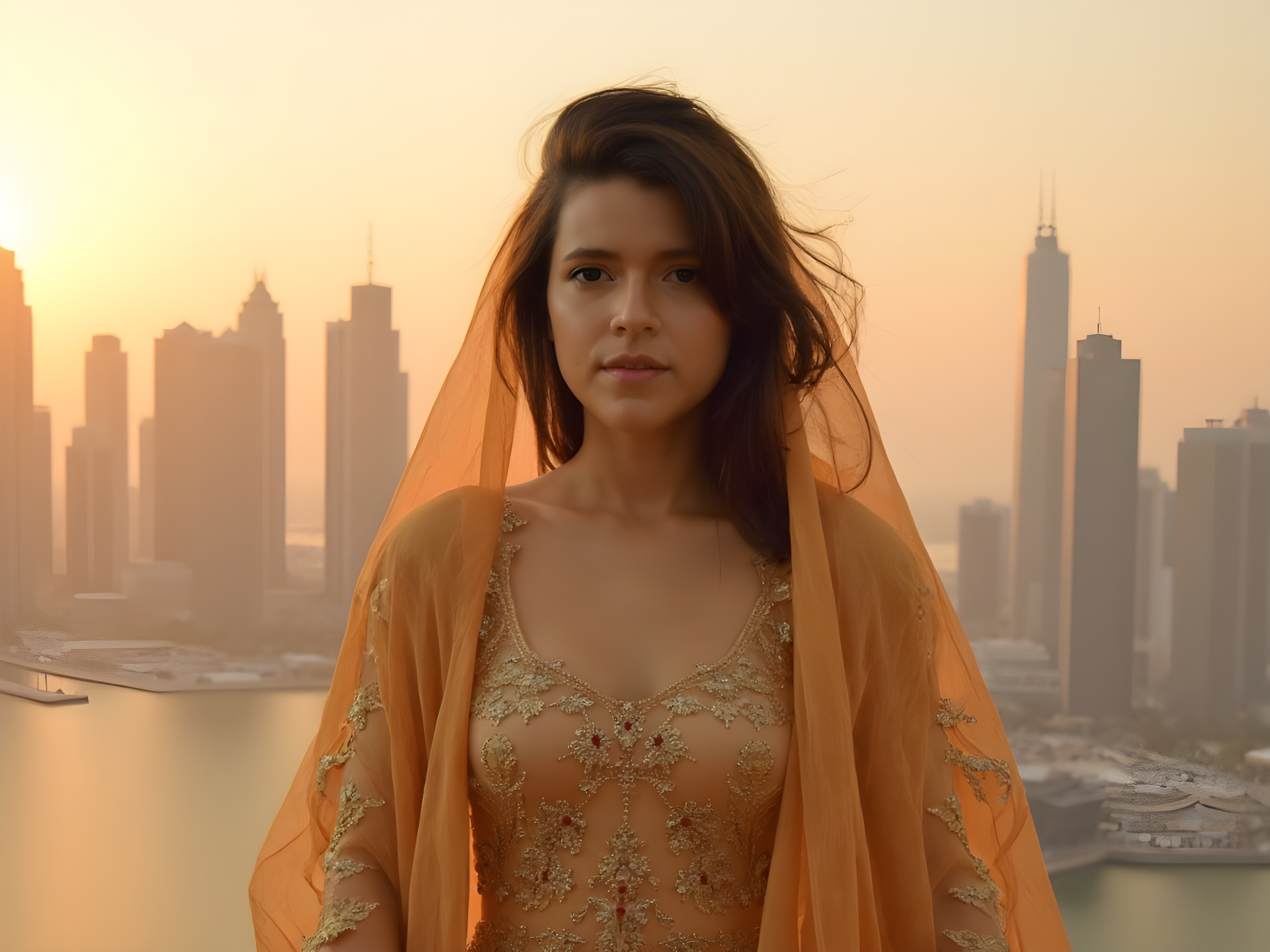 A stunning 25-year-old woman, exuding a luxurious aura reminiscent of the opulent lifestyle of the UAE. Draped in an intricate, floor-length abaya made from shimmering gold silk chiffon, adorned with delicate hand-embroidered floral patterns in deep emerald and ruby hues, she stands poised against the captivating backdrop of the Dubai skyline at sunset. The soft glow of the setting sun casts a warm halo around her, enhancing the ethereal quality of her presence. Her hair is elegantly styled in soft waves, partially hidden beneath a matching gold hijab that flows gracefully down her back. Her expression is one of serene confidence, with subtle hints of mystery, encapsulating the modern Emirati woman. The composition emphasizes the architectural beauty surrounding her, with a focus on harmonious proportions using the golden ratio, and lighting that highlights the textural richness of her attire. The emotional resonance of the image encapsulates the balance of tradition and modernity in today's UAE culture.
