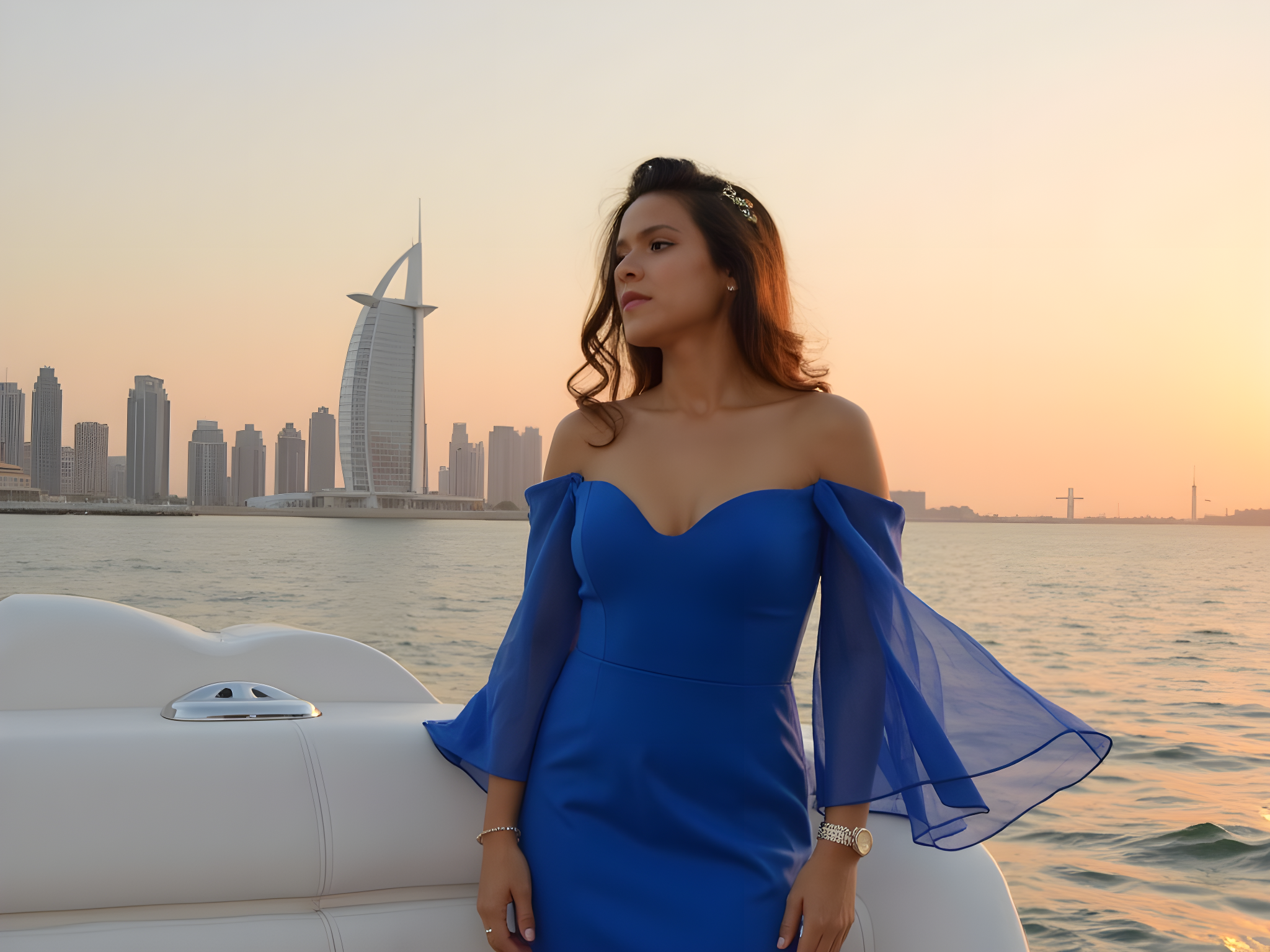 A 25-year-old woman, exuding the allure of modern luxury, stands poised on a sleek yacht at Dubai Marina. She is dressed in a flowing, royal blue chiffon gown with billowing sleeves that catch the gentle breeze, strategically layered to create an ethereal silhouette. The dress cascades around her, expertly showcasing her figure while offering a glimpse of her shimmering gold strappy heels. Her hair flows in soft waves, adorned with a delicate gold hairpiece, reflecting the opulence surrounding her. The backdrop features the iconic skyline of Dubai, bathed in the warm glow of sunset, with the shimmering waters of the marina adding a touch of romance. The composition captures her in profile, her gaze cast thoughtfully towards the horizon, embodying the spirit of adventure and the sophistication of an urban jetsetter. The lighting employs a golden hour glow, framing her in a divine aura, encapsulating the perfect blend of elegance and modernity.