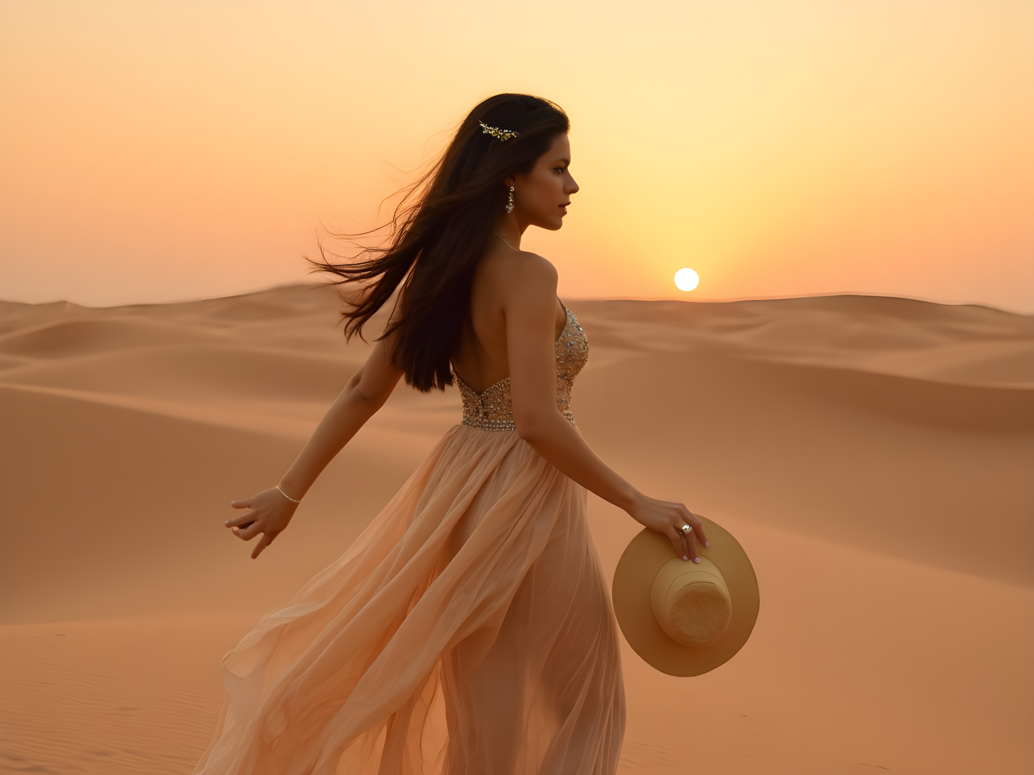A captivating 25-year-old woman, embodying the ethereal beauty of Ras Al Khaimah's desert landscape. She wears a flowing, floor-length gown made of light chiffon georgette, the soft fabric billowing in the gentle desert breeze. The gown features intricate beadwork in shades of sandy beige and sapphire blue, echoing the hues of the dunes at sunset. Her long, dark hair cascades down her back, adorned with delicate gold hair pieces that glisten against the golden hour light. In one hand, she elegantly holds a wide-brimmed hat, while her other hand grazes the sand, creating a sense of connection with the landscape. The backdrop features undulating sand dunes and a vibrant sunset sky, illuminating the scene with warm tones. The photograph should emphasize the interplay of light and shadow, capturing the enchanting essence of a modern desert princess. The style is sophisticated and romantic, blending contemporary fashion with cultural richness.