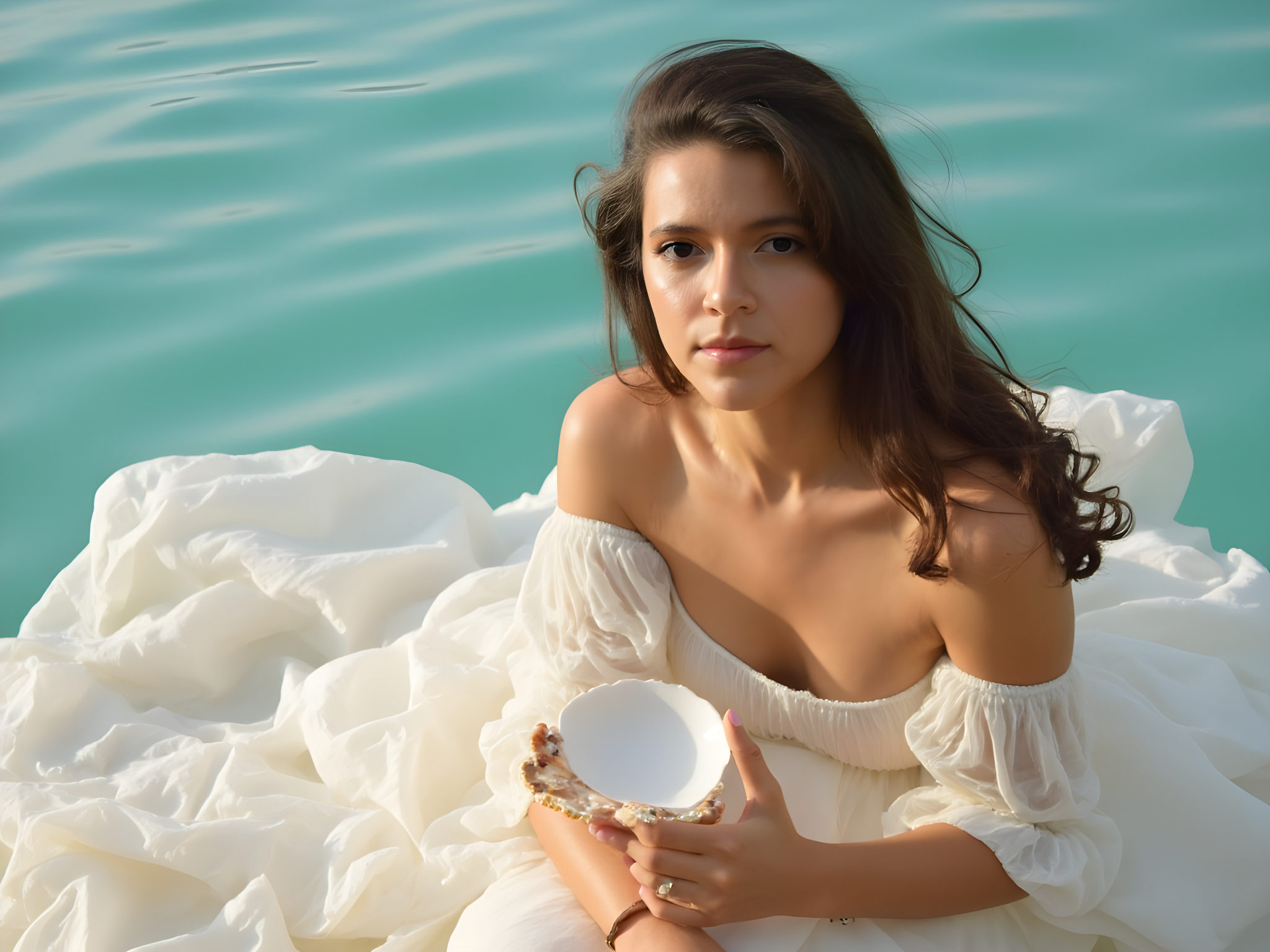 A 25-year-old female model embodies the serenity and elegance of a marine muse at Suwaidi Pearl Farm. Draped in a flowing gown of opalescent chiffon georgette that mimics the iridescence of pearls, she stands barefoot on a sunlit dock. The gown features intricate hand-pleated cascades that evoke gentle ocean waves, with delicate pearl accents tracing her collarbone. Her hair flows freely in soft, beachy waves, adorned with small seashells that enhance her ethereal charm. The setting is bathed in golden hour light, casting warm, romantic glows that dance across the water's surface. With a serene expression and eyes reflecting the depths of the sea, she gently cradles an open pearl oyster in her hands, showcasing nature's artistry. The composition captures a harmonious blend of grace and tranquility, presenting a modern fairytale against the breathtaking backdrop of the pearl farm's serene aquamarine waters.