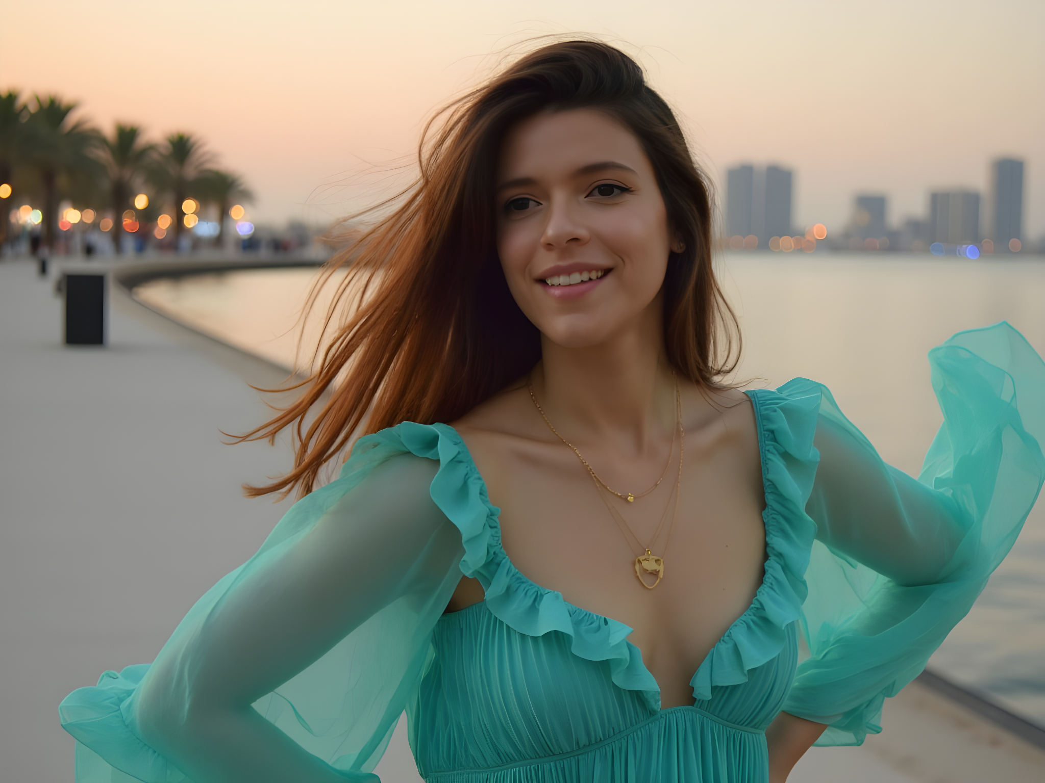 A captivating portrait of a 25-year-old female model, embodying the vibrant energy of the Al Majaz Waterfront at twilight. Dressed in a flowing, turquoise chiffon maxi dress that dances with the mild breeze, she stands on the promenade, the shimmering waters and illuminated skyline forming a breathtaking backdrop. The dress features delicate ruffles and a plunging neckline, evoking a sense of sensual elegance. Her long, sun-kissed hair cascades in loose waves, and she wears minimal gold jewelry that glimmers subtly. The soft, soft golden hour light wraps around her figure, highlighting her radiant smile and the twinkle in her eye, as she effortlessly captures the essence of a modern-day mermaid amidst the enchanting setting. This image radiates warmth, freedom, and the transformative magic of an urban oasis.