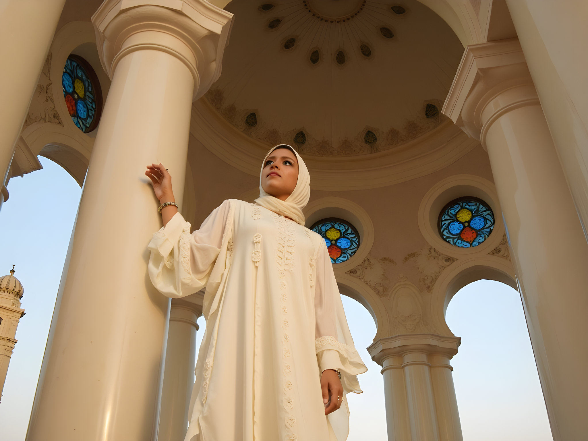 A 25-year-old woman, embodying grace and serenity, stands beneath the ornate dome of the Al-Noor Mosque. Dressed in a flowing, ivory chiffon abaya with intricate hand-embroidered detailing, she emanates an ethereal aura. The abaya's long sleeves cascade elegantly, framing her figure as she stands with one hand gently resting against the intricate marble pillars, the other lightly draped at her side. Her headscarf, a seamless blend of soft pastels, complements the mosque's stunning mosaics, creating harmony with the sacred architecture surrounding her. Soft, diffused sunlight filters through the stained glass, casting colorful reflections on her, creating a tranquil, heavenly atmosphere. The composition captures the juxtaposition of traditional elegance and modern individuality, highlighting her quiet strength and connection to her cultural heritage. The mood is one of reverence, beauty, and peace, inviting the viewer to share in this moment of introspection.
