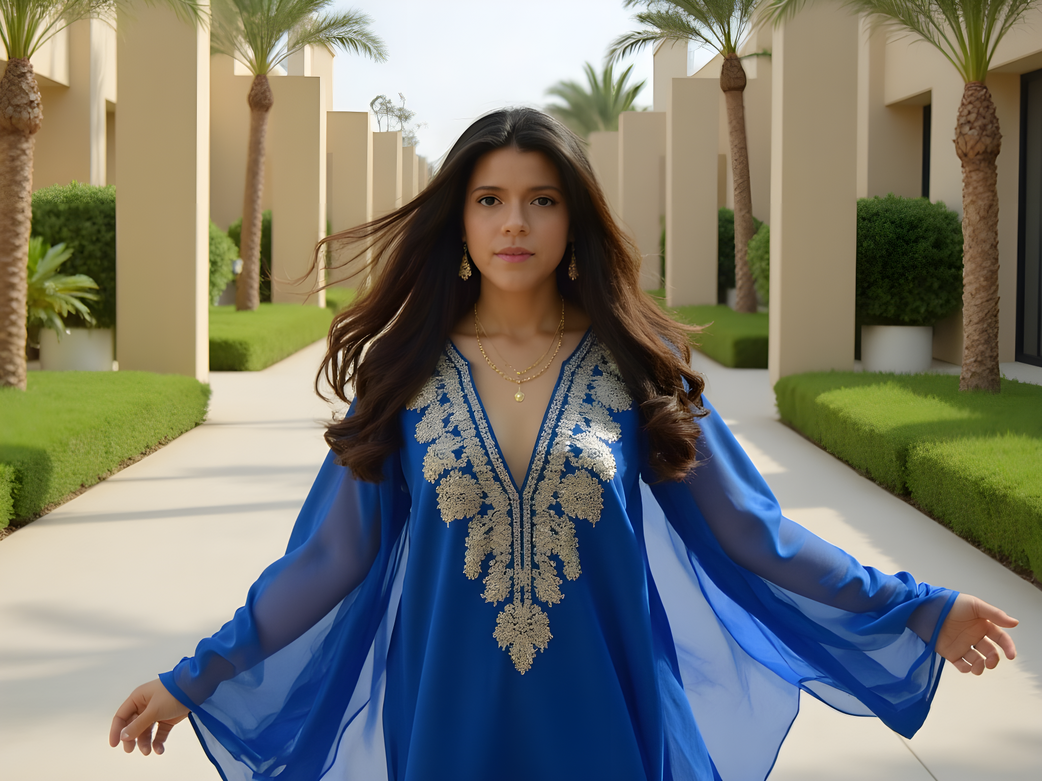 A 25-year-old woman, embodying the spirited essence of modern Arabia, is captured in a vibrant outdoor scene in Sharjah. She wears a flowing, embroidered abaya in deep azure, with intricate gold thread detailing that catches the sunlight. The abaya’s drapes cascade around her, illuminating her confident stride as she walks through the Al Noor Island pathways lined with botanical wonders. Her long, dark hair flows gracefully around her shoulders, and she accessorizes with elegant gold jewelry, including layered necklaces and statement earrings. Framed by a backdrop of contemporary architecture and lush greenery, the image evokes a sense of harmonious blend between tradition and modernity, emphasizing cultural richness and the allure of a dynamic landscape. The composition strategically uses negative space to draw focus on her graceful motion, while soft, natural lighting highlights her features and vibrant attire. The photograph radiates a sense of empowerment and contemporary sophistication, presenting a powerful narrative of the new Arab woman.