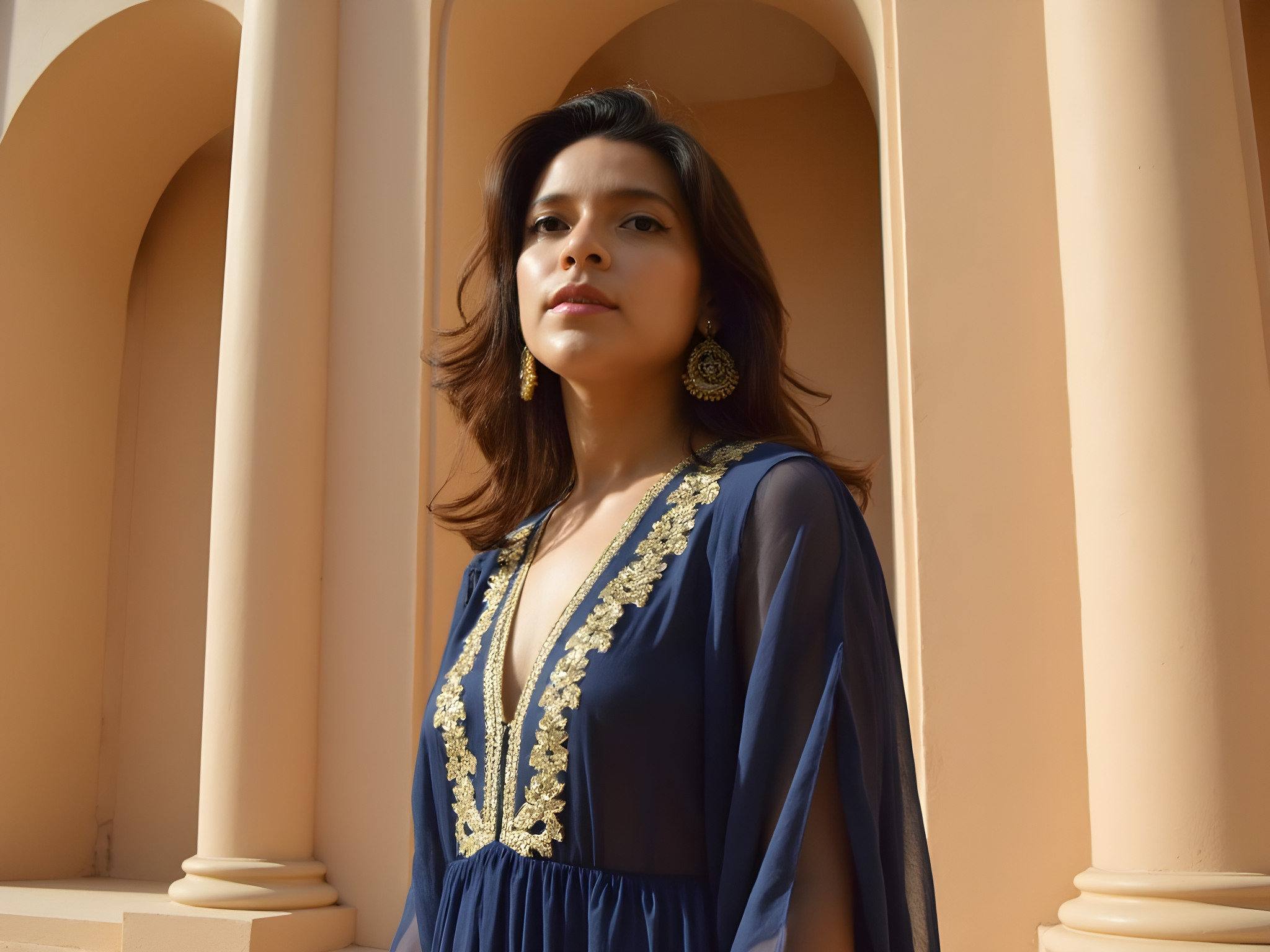 A 25-year-old woman, exuding an aura of mystery and sophistication, stands against the historic backdrop of Heart of Sharjah. She is draped in a flowing, floor-length abaya crafted from whisper-light chiffon georgette in rich midnight blue, adorned with intricate gold embroidery that glimmers in the warm desert light. The abaya's delicate princess seams sculpt her figure, while the garment’s fluidity contrasts with the aged stone structures behind her, evoking a sense of timeless elegance. Her hair is styled in soft, cascading waves, framing her face, while bold, statement gold earrings catch the eye. She gazes thoughtfully into the distance, her posture relaxed yet graceful, as sunlight filters through the historical architecture, creating dappled shadows that dance around her. This image captures the fusion of modernity and tradition, blending contemporary fashion with the rich cultural heritage of Sharjah, making it a striking visual narrative that resonates deeply with the viewer.