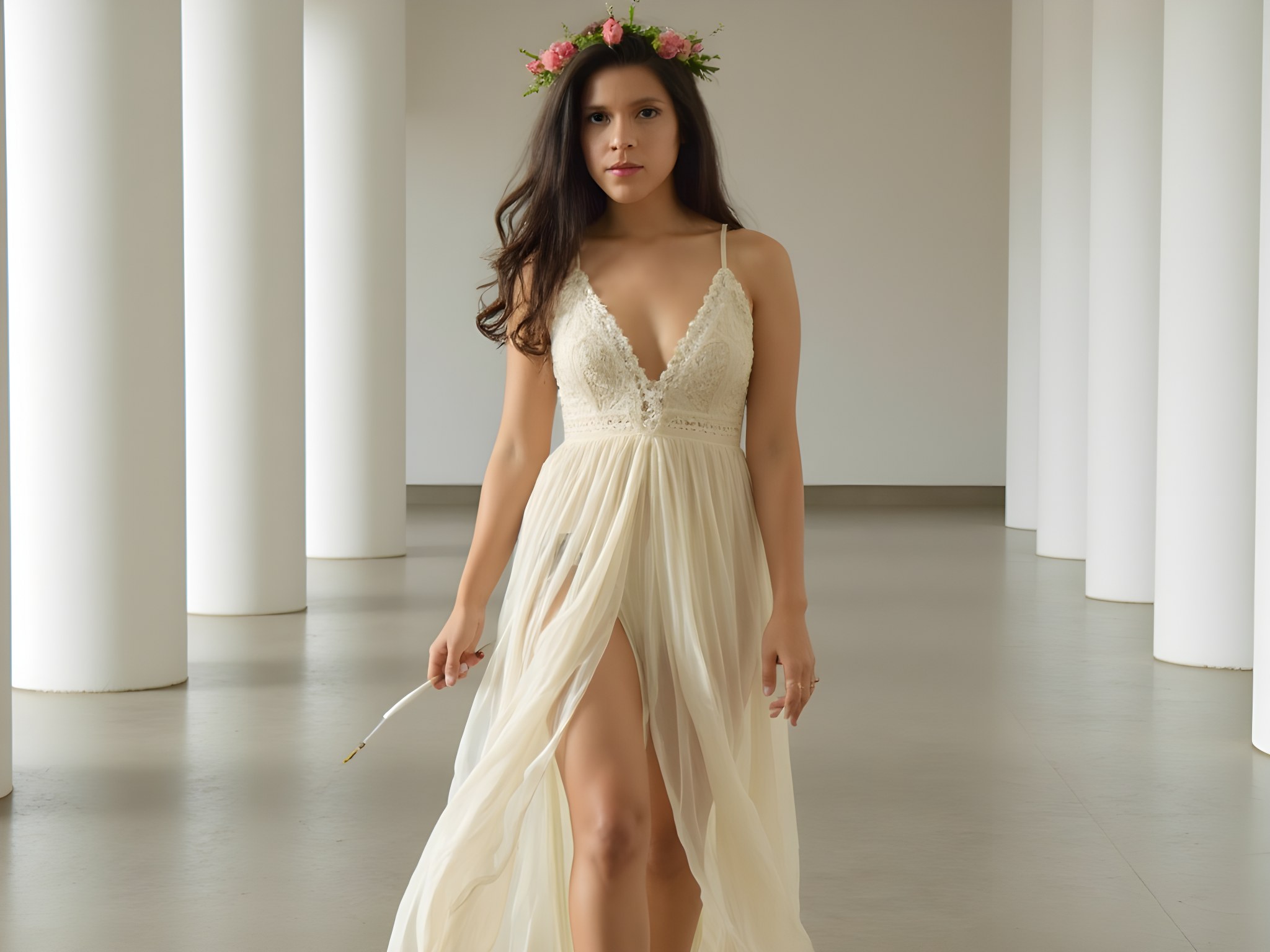 A 25-year-old female artist stands in the contemporary space of the Sharjah Art Museum, channeling the spirit of a Bohemian muse. She wears a flowing cream-colored chiffon maxi dress adorned with intricate lace details, the layering creating a visual symphony of texture. Her bare feet are gently placed on the polished concrete floor, connecting her intimately to the art around her. The dress sways with the slightest movement, embodying the grace of a living sculpture. Her dark, wavy hair cascades over one shoulder, with a crown of wildflowers softly positioned atop her head, evoking a serene connection to nature. In her hand, she delicately holds a paintbrush, poised as if about to add a stroke to an unseen canvas. Natural light floods the room, highlighting the delicate threads of her attire while casting meaningful shadows that play around her like the whispers of inspiration. The ambiance is one of tranquil creativity and artistic freedom, inviting viewers into a moment of quiet contemplation amidst the vibrant art surrounding her.