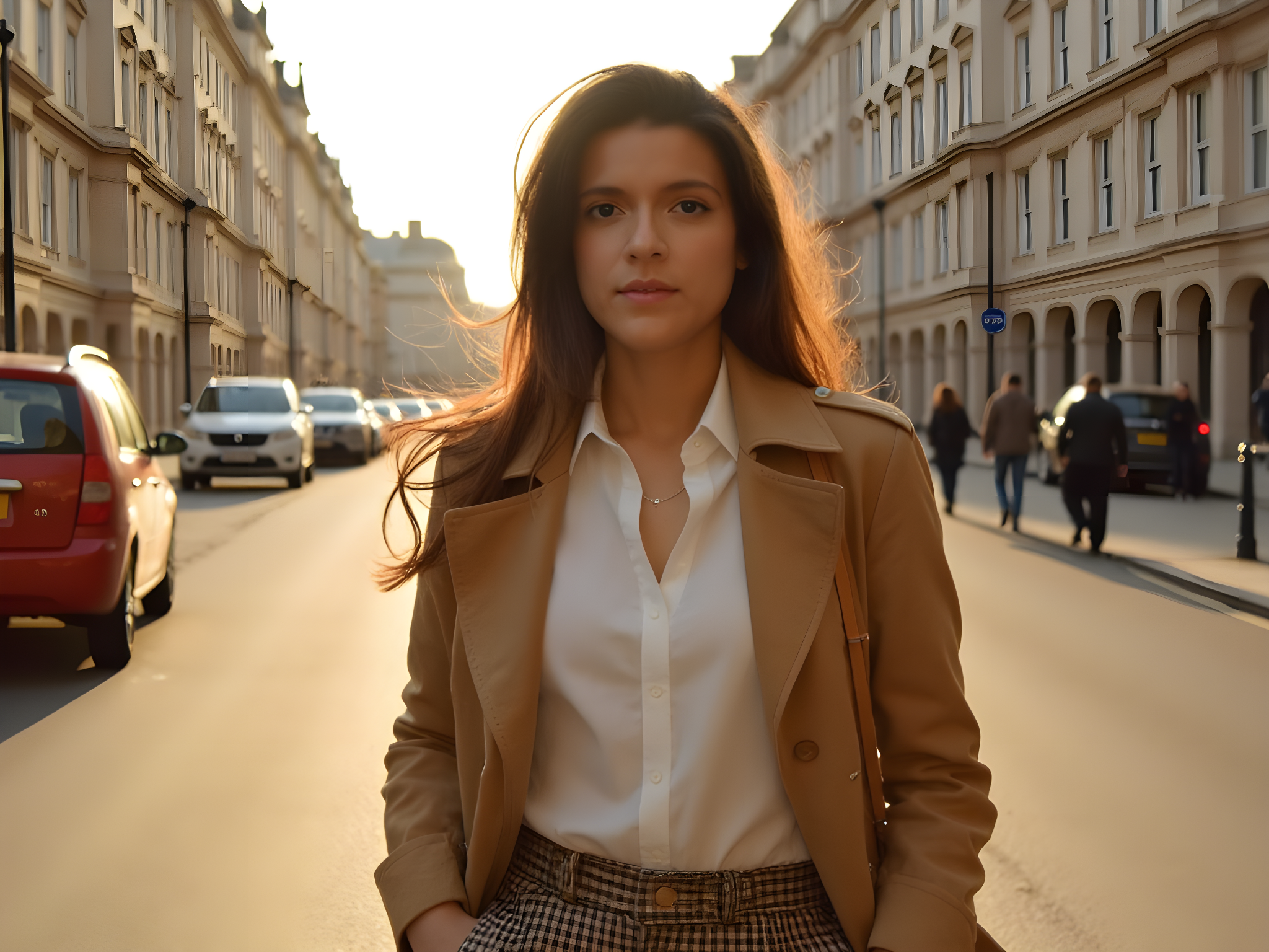 A 25-year-old woman, embodying the essence of modern British chic, stands poised amidst the iconic backdrop of a London street. She is clad in a tailored trench coat of rich camel wool, cinched at the waist with a leather belt that accentuates her silhouette. Underneath, a crisp white shirt made of silk georgette and high-waisted plaid trousers create a striking layered look, merging classic and contemporary styles. Her polished ankle boots gleam against the cobblestones, and a vintage-inspired handbag hangs elegantly from her shoulder. The golden hour casts a warm glow on her flawlessly styled, tousled hair, while soft shadows dance across her refined features, highlighting her confident yet approachable demeanor. The scene encapsulates the vibrant pulse of London life, evoking the spirit of a modern urban sophisticate who effortlessly blends style with substance.