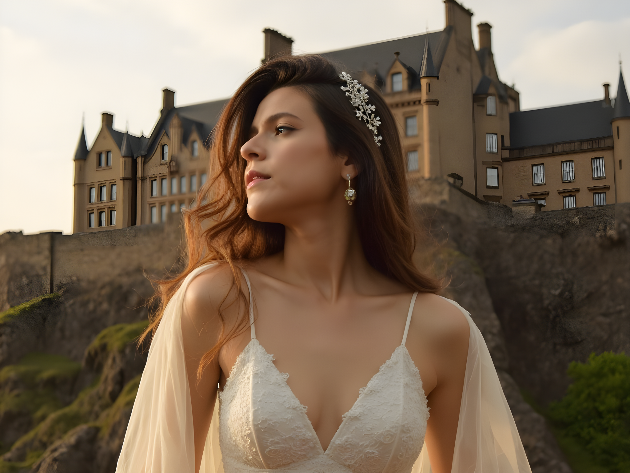 A 25-year-old female model, embodying the ethereal beauty of a modern-day Highland princess, stands regal against the dramatic backdrop of Edinburgh Castle. Draped in a flowing, ivory chiffon gown with hand-embroidered floral motifs, the garment cascades around her like a gentle waterfall, with each layer whispering tales of Scottish lore. The gown features delicate spaghetti straps and a plunging back, perfectly capturing the essence of romantic elegance. Her wavy hair is adorned with a vintage tiara, glistening like dew under the soft golden hour sunlight. The soft, diffused light casts an enchanting glow on her flawless complexion, highlighting the cheekbones and providing a dreamy atmosphere. She gazes off into the distance, projecting a sense of contemplation and strength, with the towering castle enhancing her royal presence. The composition balances negative space around her, drawing the eye to her poised elegance while the historic architecture looms proudly in the background, encapsulating the interplay between femininity and the rich cultural history of Scotland.