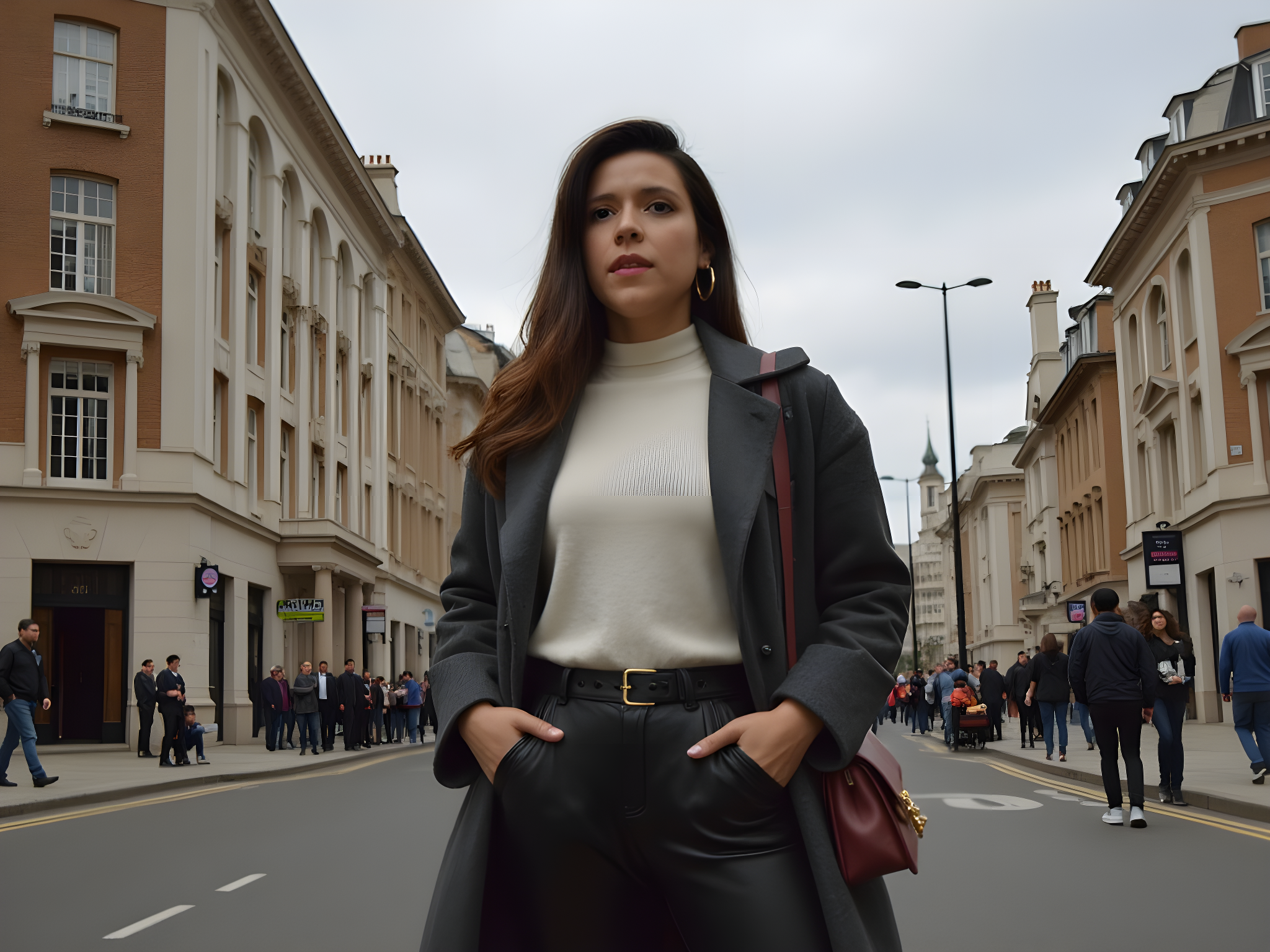 A 25-year-old woman embodying the eclectic spirit of London, captured in a bustling urban street scene. She wears a tailored, oversized charcoal wool trench coat cinched at the waist with a statement leather belt, layered over a contrasting soft ivory cashmere sweater. Her legs are adorned with sleek black faux leather leggings, while chic ankle boots give her a modern edge. She accessorizes with a structured mini handbag in rich burgundy and bold gold hoop earrings that catch the light. The composition features her walking with purpose against a backdrop of iconic London architecture, with the moody sky and hints of London's vibrant street art adding layers to the narrative. The shot is framed to emphasize the dynamic energy of the city, with a shallow depth of field bringing focus to her confident expression and the luxurious texture of her ensemble.
