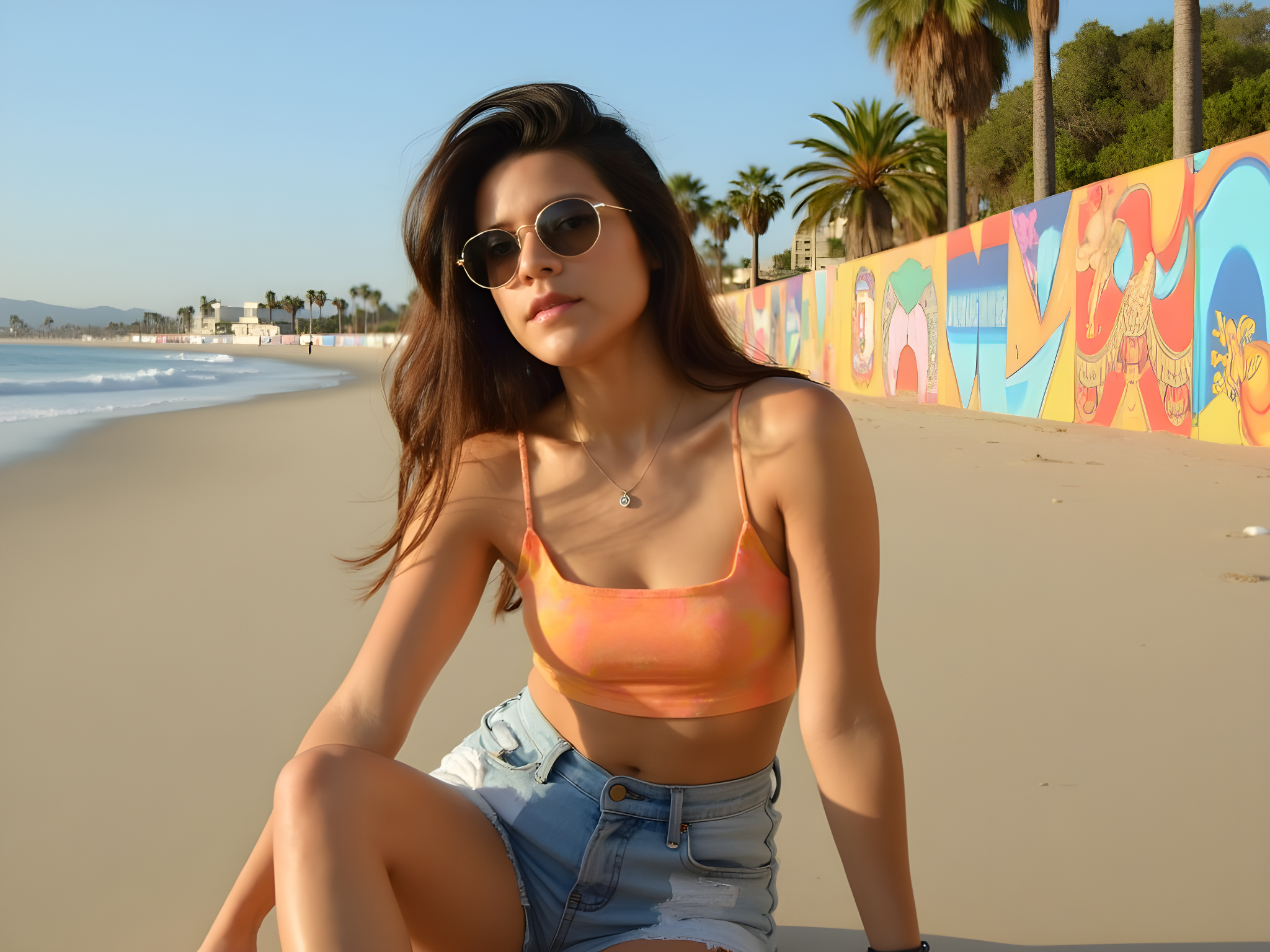 A vibrant, sun-soaked scene capturing a 25-year-old female figure exuding the laid-back cool of Venice Beach. She poses confidently on a skateboard, wearing a cropped tie-dye tank top paired with high-waisted, distressed denim shorts that highlight her athletic silhouette. Her sun-kissed skin glows against the vivid backdrop of colorful murals and palm trees swaying in the breeze. Accessories include oversized round sunglasses and layered bohemian jewelry—rings and a delicate anklet. The golden hour light bathes the scene in warm hues, casting playful shadows and enhancing the carefree, rebellious spirit of a California summer. Her expression is joyful and carefree, embodying the essence of youth and adventure.
