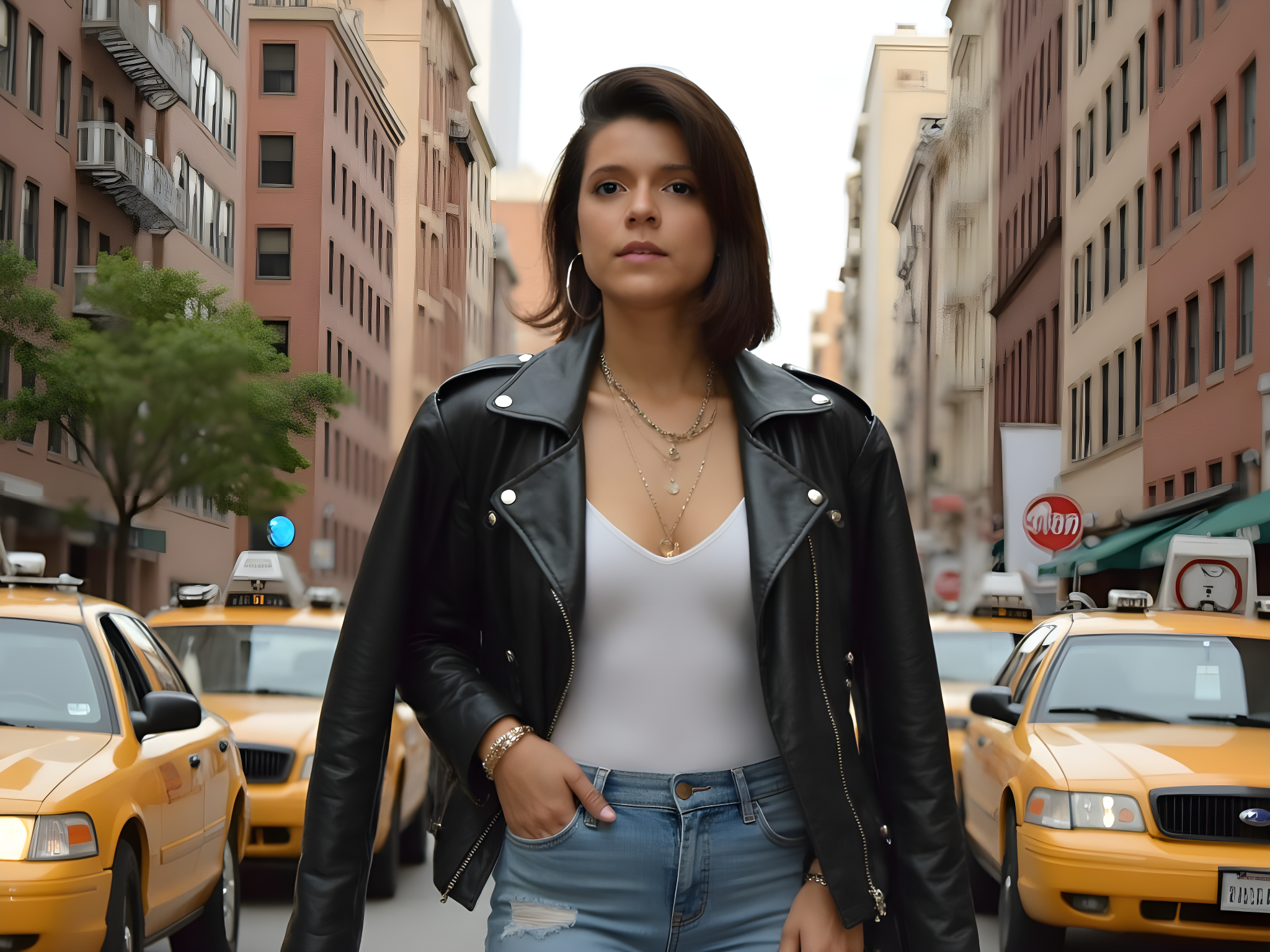 A 25-year-old woman, embodying the edgy spirit of New York City, navigates the bustling streets beneath a canopy of urban skyscrapers. She is adorned in an oversized black leather jacket layered over a fitted white bodysuit, paired with high-waisted, distressed denim jeans that accentuate her silhouette. Chunky combat boots ground her look, while eclectic statement jewelry, including layered chain necklaces and oversized hoop earrings, add a touch of individuality. Her hair is styled in a sleek bob, framing her sharp cheekbones, and her confident expression radiates an aura of resilience and creativity. The scene captures the vibrant energy of the city, with blurred yellow cabs in the background and hints of street art peeking through, all under the soft glow of golden hour light.