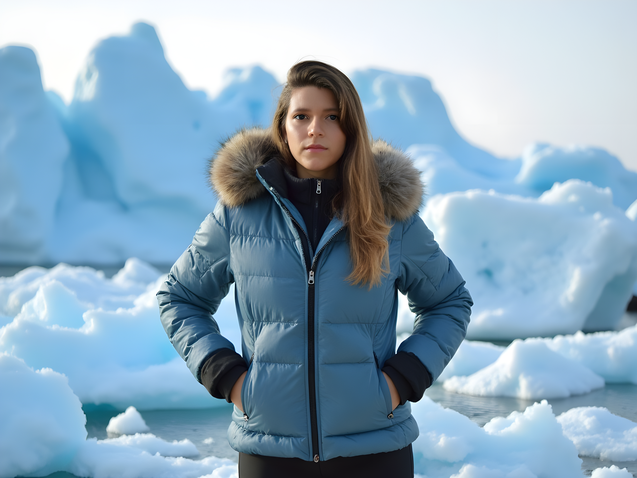 A daring female explorer, aged 25, embodies the spirit of Arctic exploration as she stands boldly against a backdrop of towering icebergs and a stunning glacial panorama. Dressed in an avant-garde outfit featuring a high-tech insulated jacket in shimmering Arctic blue, layered over thermal leggings and rugged, stylish snow boots, she exudes both modernity and resilience. Adorned with a sleek fur-lined hood framing her face, her expression reflects steadfast determination, contrasting beautifully with the icy, ethereal landscape. The natural light enhances the glimmering icicles around her, while soft shadows play across her features, creating an aura of adventure and wonder. The composition showcases the harsh beauty of the Arctic, with deep blues and whites capturing the essence of this breathtaking environment, suggesting a narrative of discovery and courage in the face of nature’s extremes.