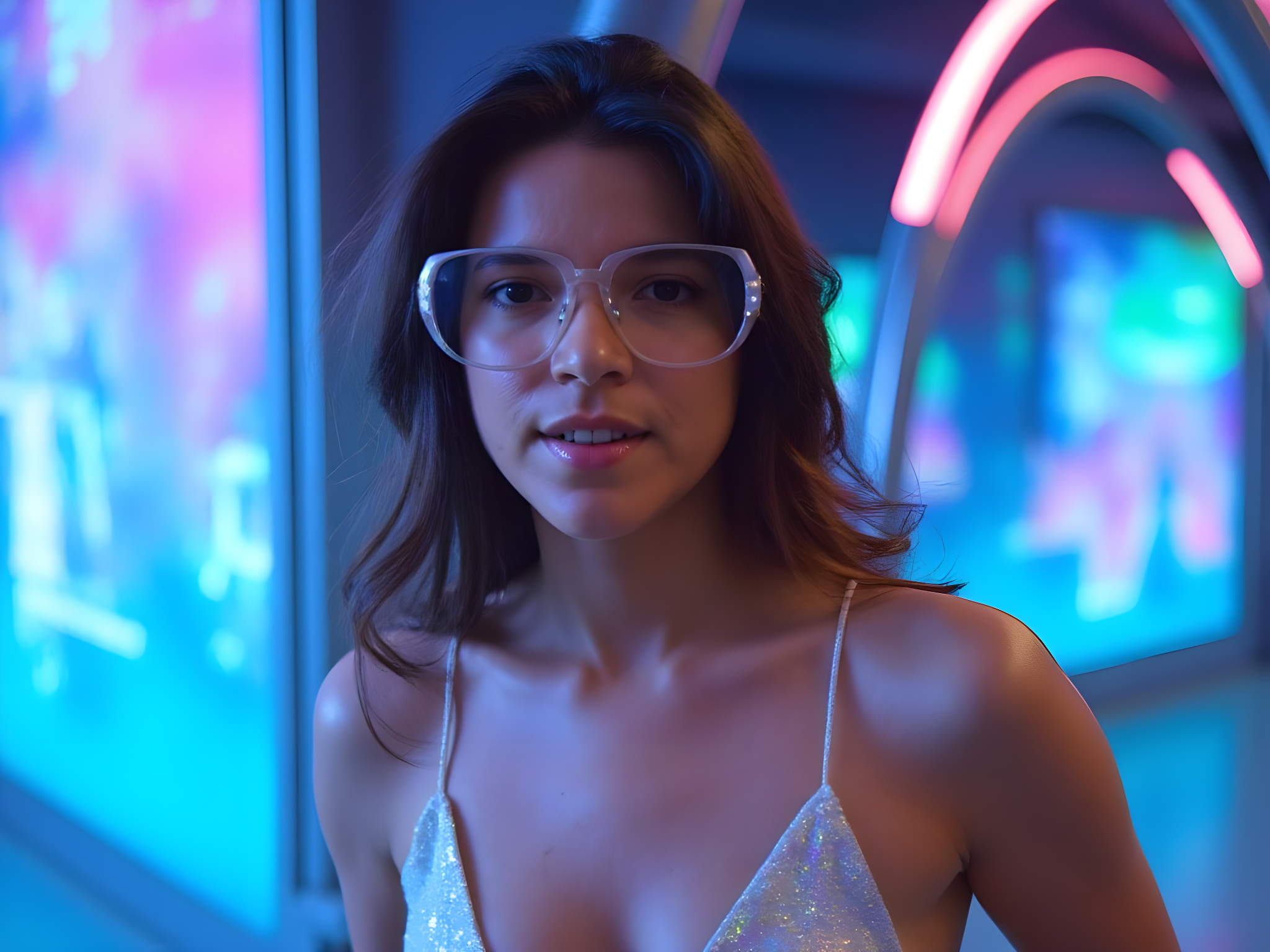 A captivating 25-year-old female traveler, channeling the digital nomad spirit, immersed in a futuristic virtual landscape. She is wearing a sleek, iridescent bodysuit that shimmers like a digital hologram, paired with oversized, translucent geometric sunglasses. Her body language is carefree yet empowered, capturing the essence of a visionary exploring a vibrant cyber city, with neon lights and digital screens in the background. The environment feels both intimate and expansive, hinting at limitless possibilities. The lighting is a blend of cool blues and purples, creating a dreamlike quality and emphasizing the cutting-edge aesthetics of virtual travel. The overall image captures a sense of freedom, curiosity, and the thrill of adventure in a digital age.