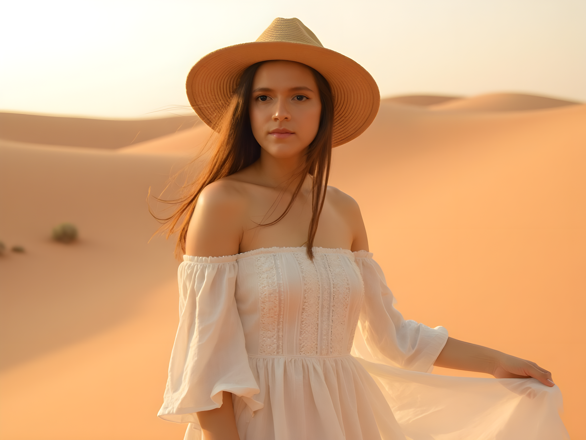 A striking image of a 25-year-old female adventurer, poised confidently amidst the vast expanse of a sun-soaked desert. She wears a flowing, lightweight ivory linen maxi dress with intricate embroidery along the hem, reflecting the rich textures of the surrounding dunes. A wide-brimmed straw hat shades her face, while her sun-kissed skin radiates a sense of adventure and freedom. The gentle wind catches the fabric of her dress, creating a sense of movement and flow. The background features endless sand dunes, their curves casting soft shadows, while the golden hour light bathes the scene in warm hues. Her pose, with one hand on her hip and the other playfully tousling her hair, exudes a blend of strength and grace, evoking the spirit of the modern desert nomad.