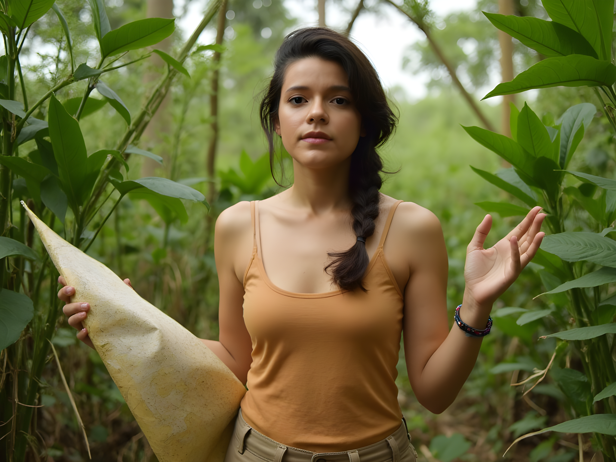 A vibrant portrait of a 25-year-old female adventurer, captured in the dense heart of a lush jungle. She wears a fitted, earth-toned, moisture-wicking tank top paired with rugged cargo shorts, the fabric adorned with pockets for practicality. Her hair is styled in a casual braid, with playful tendrils escaping, framing her sun-kissed face. The setting bursts with rich green foliage, dappled sunlight filtering through the canopy, creating playful highlights and shadows on her skin. In one hand, she holds a large, vintage map, while the other gently gestures towards the exotic flora surrounding her, evoking a sense of discovery and curiosity. The composition should emphasize her connection to nature, with a depth of field that softly blurs the vibrant jungle background, drawing attention to her expressive gaze and adventurous spirit. The image radiates the thrill of exploration and the allure of the wild, inviting the viewer to join her journey into the unknown.