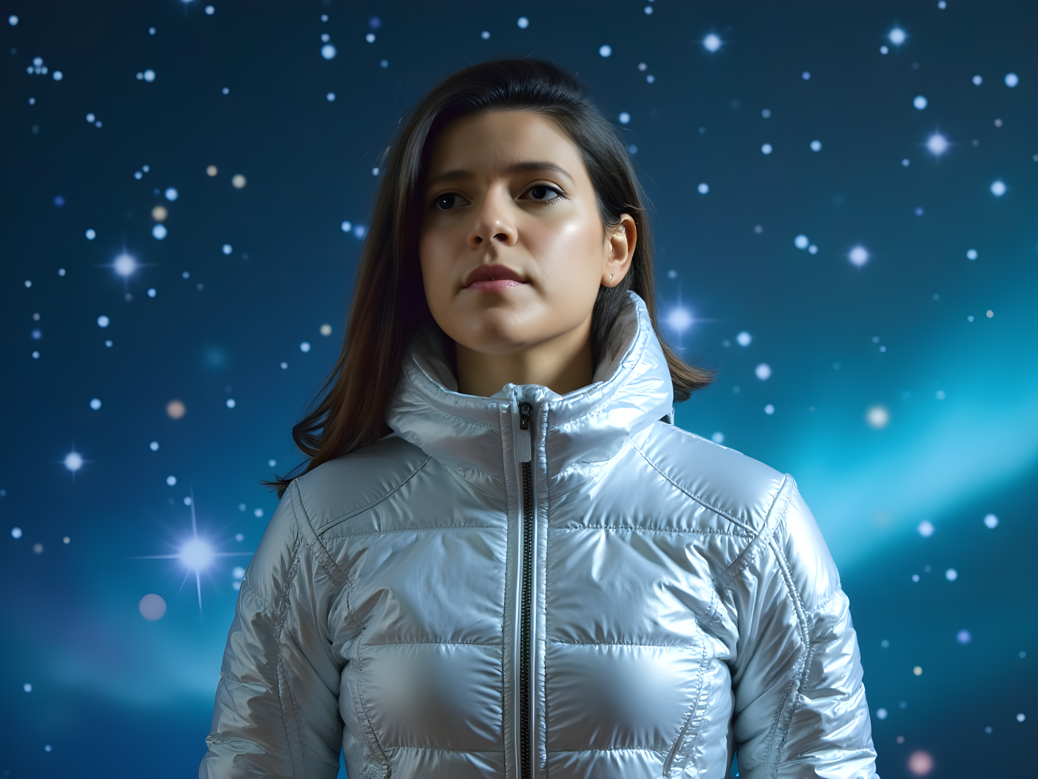 A female astronaut, aged 25, poised gracefully against a stunning cosmic backdrop, embodying the spirit of exploration and adventure. She wears a sleek, custom-designed spacesuit crafted from iridescent fabric that reflects shades of azure and silvery starlight. The suit features angular designs emphasizing mobility, with a fitted silhouette accentuating her athletic form. A transparent visor frames her face, revealing her determined expression, embodying both bravery and curiosity as she gazes into the galaxy’s vastness. The scene is illuminated by ethereal cosmic lighting, highlighting the sparkling stars and swirling nebulae in the background. This editorial embodies a futuristic narrative, merging high fashion with the awe-inspiring beauty of space, as if she is the modern pioneer of astronomy and style.