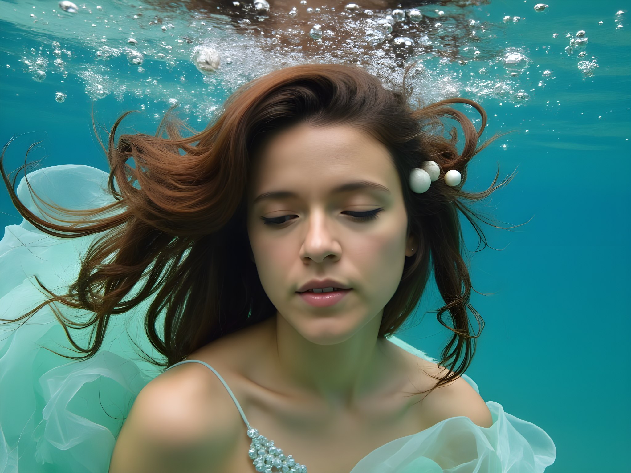 A mesmerizing underwater portrait of a 25-year-old female model, embodying the essence of a mythical sea goddess. She is adorned in an ethereal gown made of flowing chiffon georgette that cascades around her, mimicking the movement of ocean waves. The dress features intricate beadwork resembling coral and the soft hues of seafoam green and deep azure. Her hair floats gracefully around her in tendrils, enhanced with shimmering pearls and seashell clips, creating a sense of wonder. The composition captures the interplay of light filtering through the water, creating a dreamlike ambiance with dappled reflections on her skin. Her serene expression, with eyes closed and lips gently parted, evokes tranquility and otherworldliness. The shot uses a wide-angle lens to encompass the vastness of the underwater setting, while shallow depth of field isolates her image against the ethereal blue, making the viewer feel as if they are witnessing a moment from an underwater fairytale.