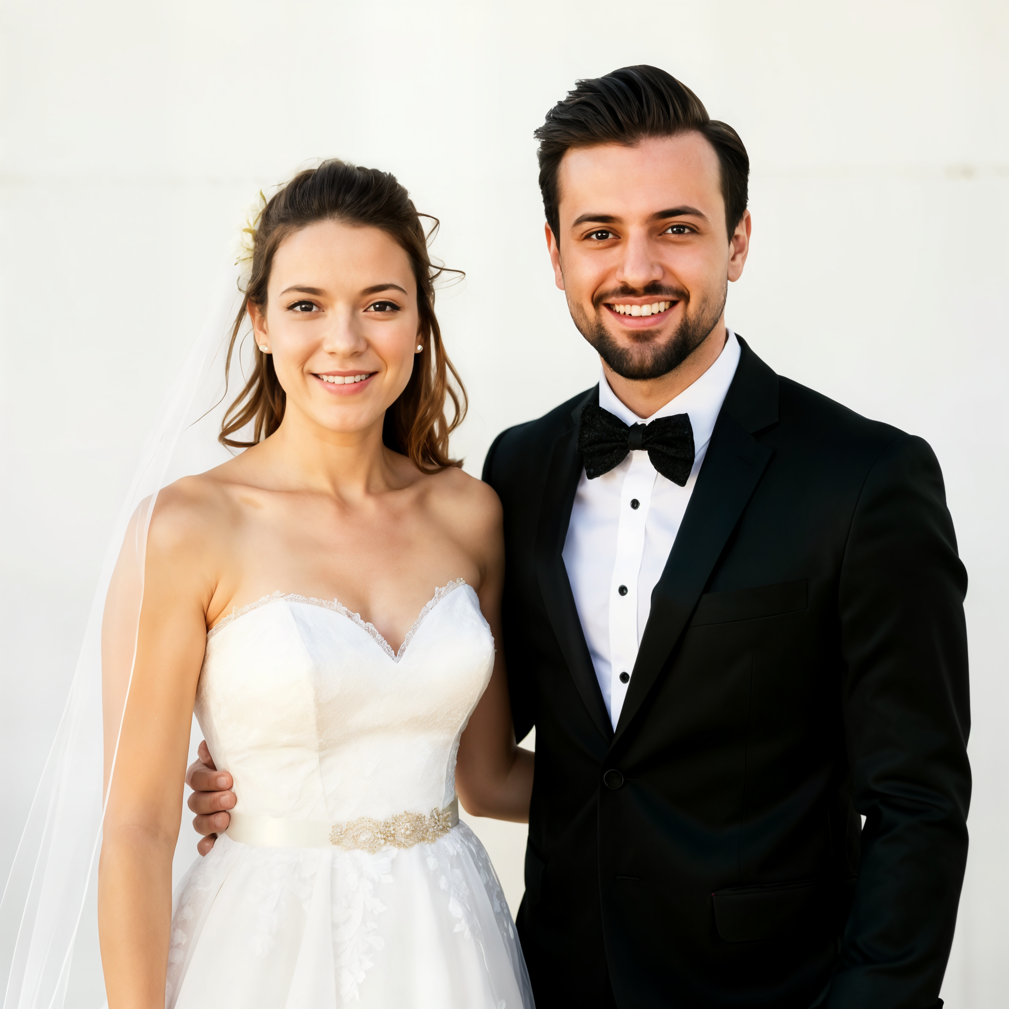 Smiling bride and groom posing together, with the bride in a strapless wedding gown and the groom in a black tuxedo, against a neutral background.