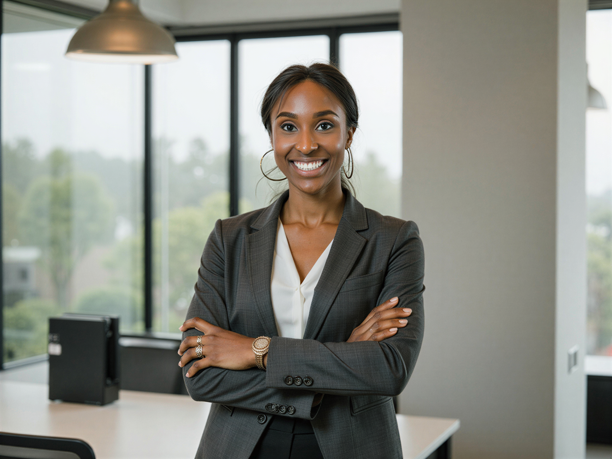 A 28-year-old female professional, OD62S, confidently standing in a modern corporate office space, exuding a happy and approachable demeanor. She wears a tailored charcoal gray blazer over a crisp white blouse, paired with sleek black trousers and stylish loafers. Her hair is neatly pulled back into a low bun, showcasing a pair of elegant gold hoop earrings. The setting features large windows allowing natural light to flood the room, with minimalistic decor accentuating a sense of sophistication. The pose captures her genuine smile and positive energy, radiating professionalism and warmth, ideal for a corporate branding campaign.