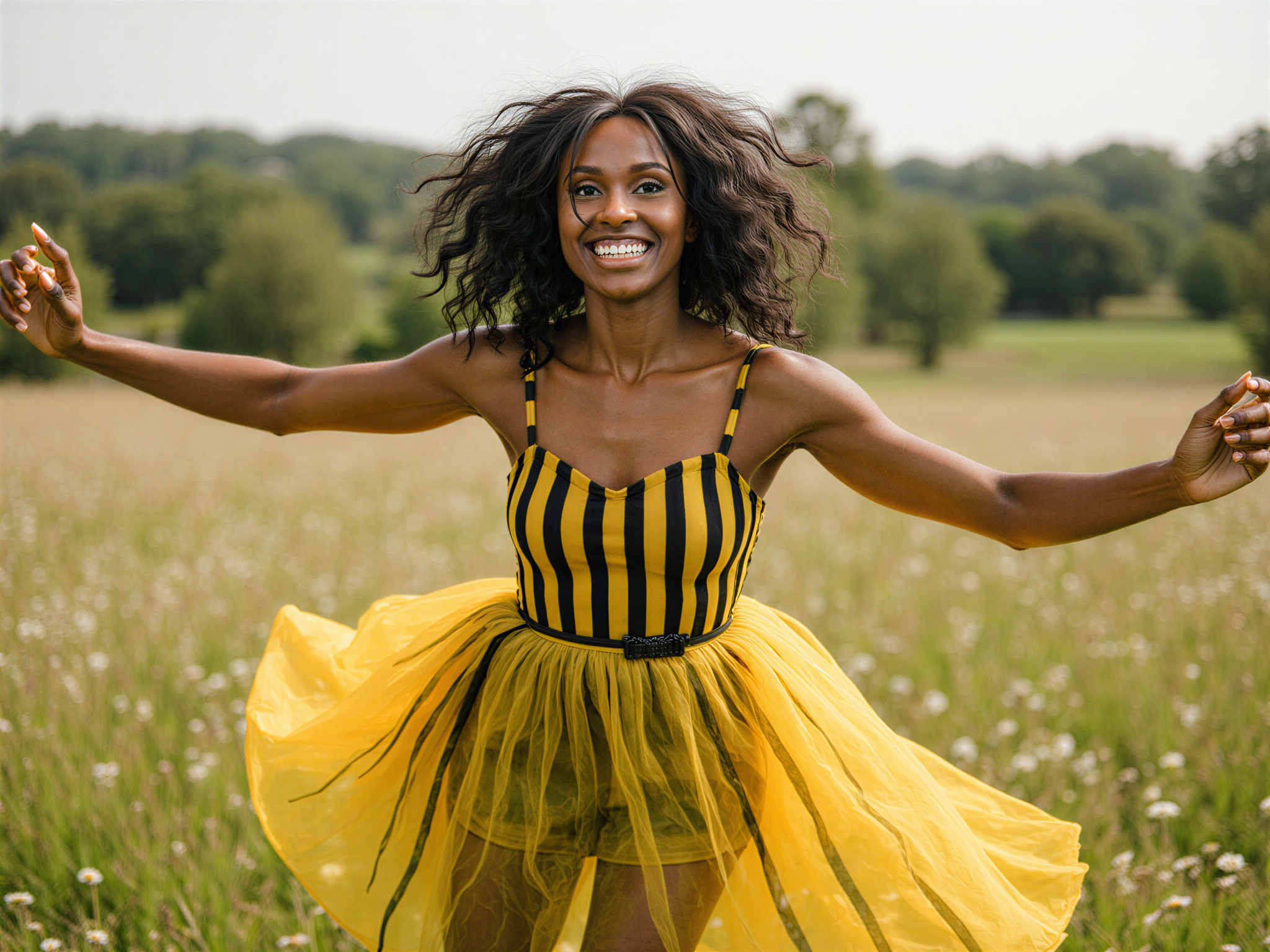 A joyful female subject, OD62S, aged 28, embodying the spirit of a bumblebee in a contemporary high-fashion editorial. She wears a vibrant yellow and black striped dress crafted from airy chiffon that swirls around her, reminiscent of a bumblebee's wings. Her hair is styled in playful, voluminous curls adorned with floral accents. The setting is a sunlit meadow filled with wildflowers, capturing the essence of a sunny day with warm, natural lighting. Her pose is lively, as she twirls with outstretched arms, exuding happiness and energy, creating a vibrant connection with the surroundings. The overall composition achieves a whimsical yet chic atmosphere that celebrates joy and nature's beauty.