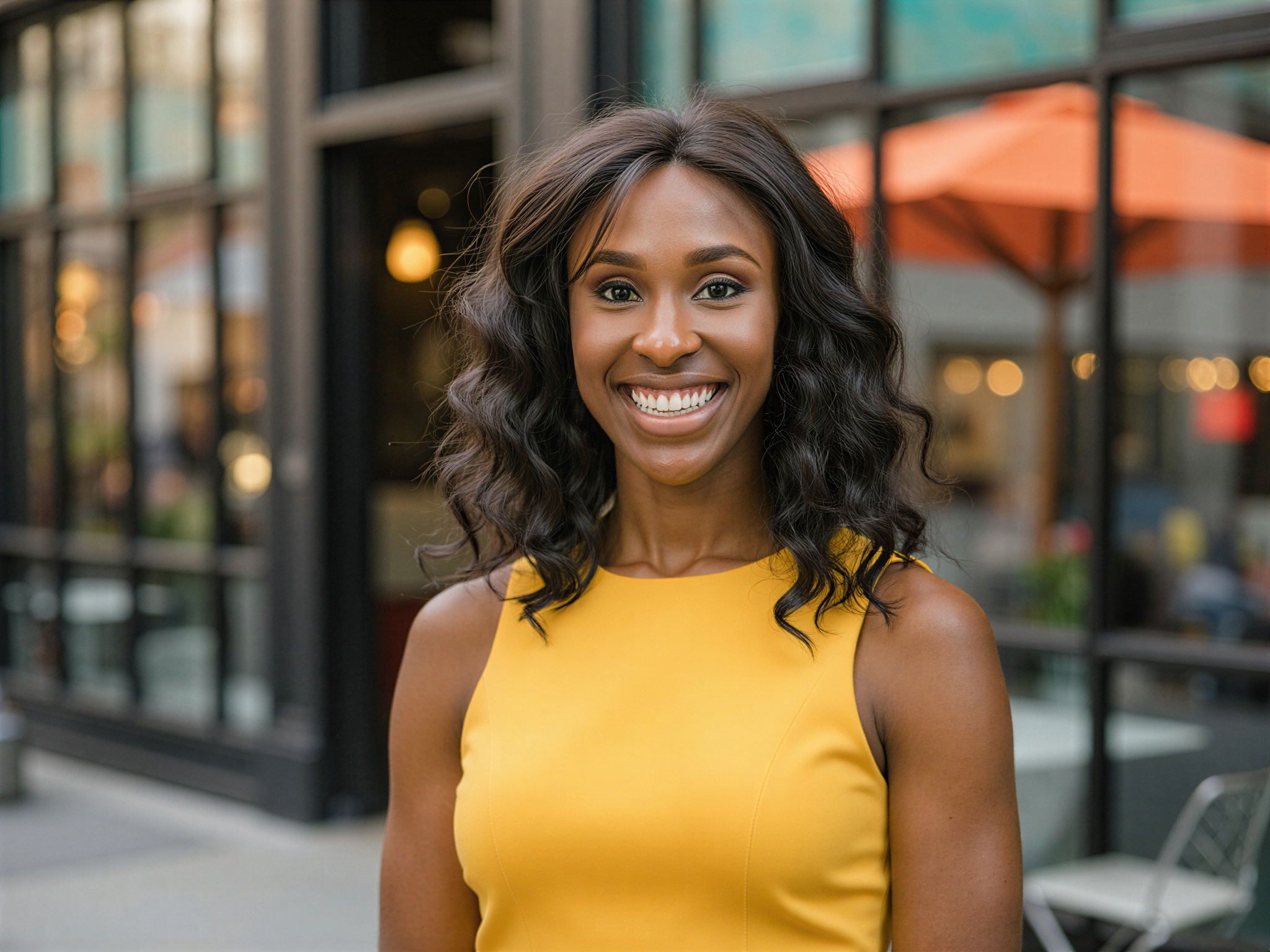 A cheerful female model, OD62S, aged 28, exuding a joyful vibe while showcasing a modern dating theme inspired by the app 'Hinge.' She stands in a vibrant urban setting, wearing a chic, form-fitting dress in a bold color, complemented by playful accessories. Her hair cascades in soft waves, framing her face which radiates happiness with a bright smile. The composition features dynamic angles and soft, natural lighting to enhance the buoyant mood. Lively cafés and abstract street art can be seen in the background, adding energy and warmth to the scene, capturing the essence of modern connectivity and romance.