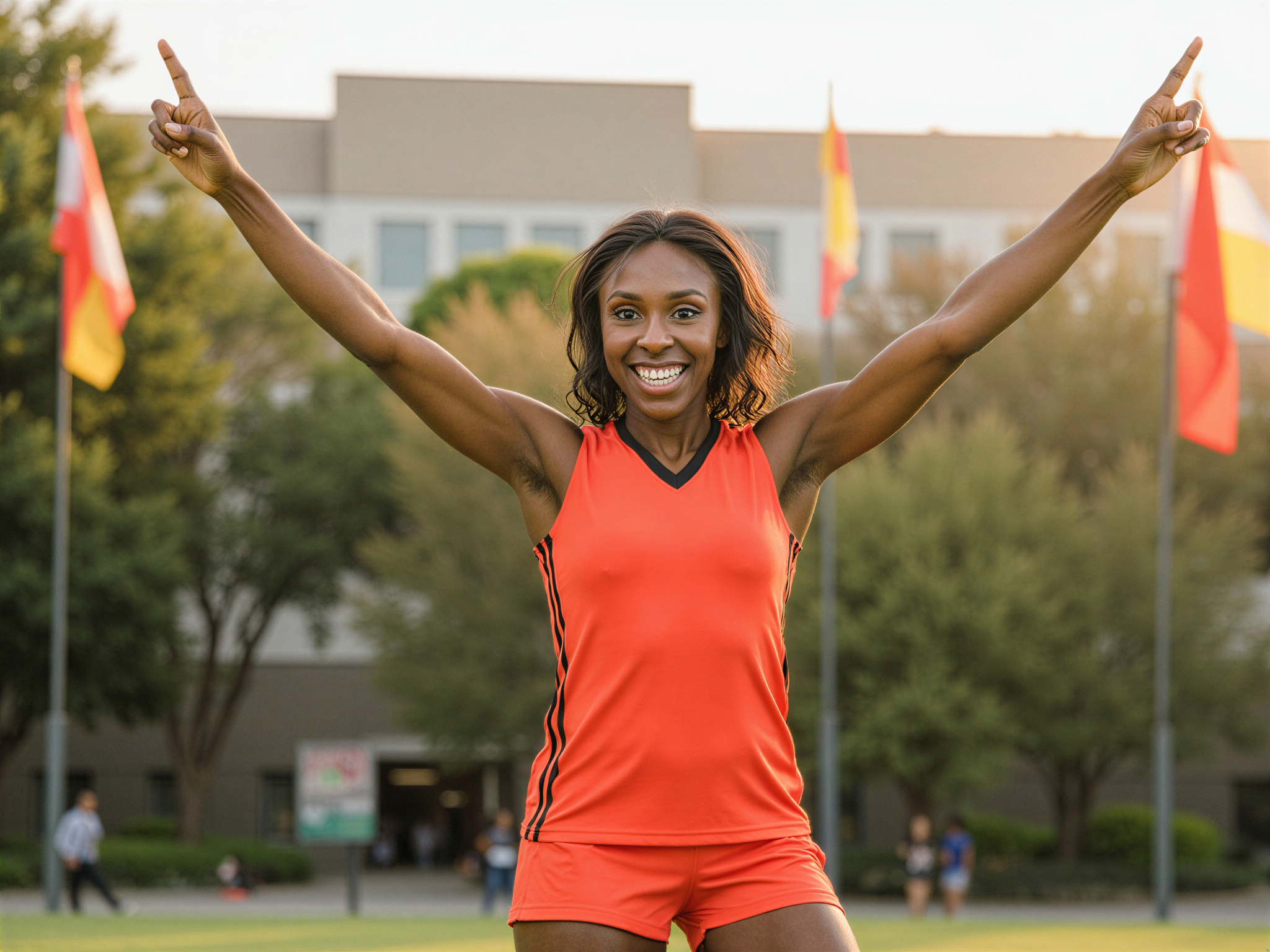A joyful female, OD62S, aged 28, captured in a vibrant outdoor scene celebrating a match win. She wears a stylish, form-fitting sports jersey in bright team colors, with matching athletic shorts. Her hair is pulled back in a playful high ponytail, exuding energy and excitement. She stands with arms raised in victory, beaming with happiness, surrounded by lush greenery and colorful flags fluttering in the breeze. The sunlight creates a warm, golden hour glow, enhancing the celebratory atmosphere and highlighting her radiant smile. This dynamic shot embodies the essence of joy and triumph, making it truly captivating.