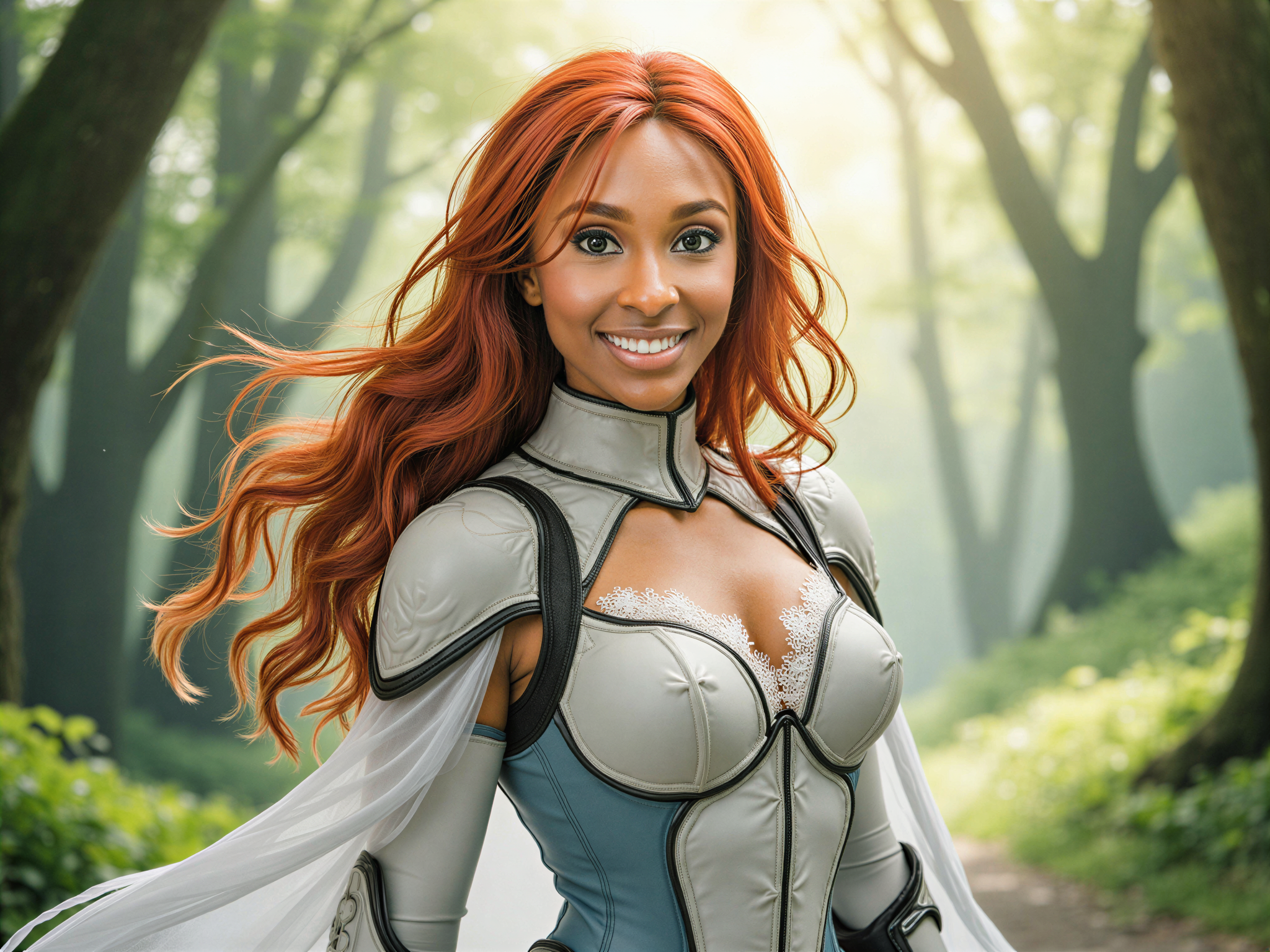 A joyful female character, OD62S, aged 28, role-playing as Asuna Yuuki from the anime Sword Art Online. She stands in an enchanting forest setting, her long auburn hair flowing gracefully around her. Dressed in her iconic white and light blue armor with delicate lace details, she exudes a sense of bravery and charm. Her expression is radiant and uplifting, capturing a happy, carefree moment as she holds her sword playfully at her side, surrounded by magical glowing lights and soft, dappled sunlight filtering through the trees. The image is hyper-realistic, blending the fantasy of the character with a lifelike quality.