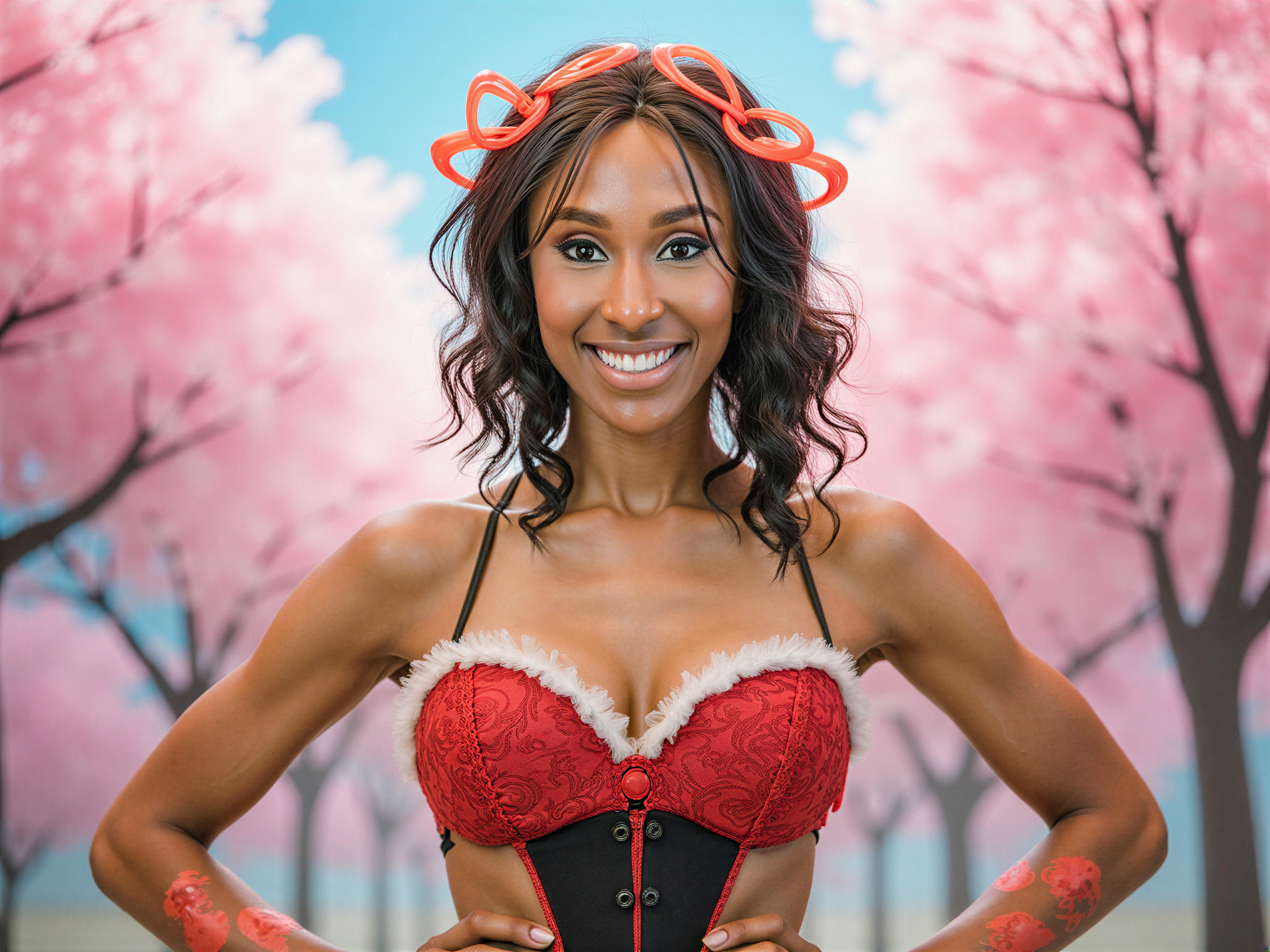 A female model, OD62S, aged 28,ROLE-PLAYING as an anime character in a vibrant and playful scene. She is dressed in an intricately designed, colorful costume, complete with oversized accessories that reflect classic anime aesthetics. The background features a whimsical fantasy landscape filled with blooming cherry blossoms and swirling pastel hues, creating a cheerful atmosphere. Her expression radiates happiness, with sparkling eyes and a wide smile, perfectly capturing the joyful spirit of a beloved anime character. The lighting is soft and ethereal, enhancing the dreamlike quality of the scene. This HYPER-REALISTIC portrayal merges the fantastical world of anime with palpable, lifelike details.