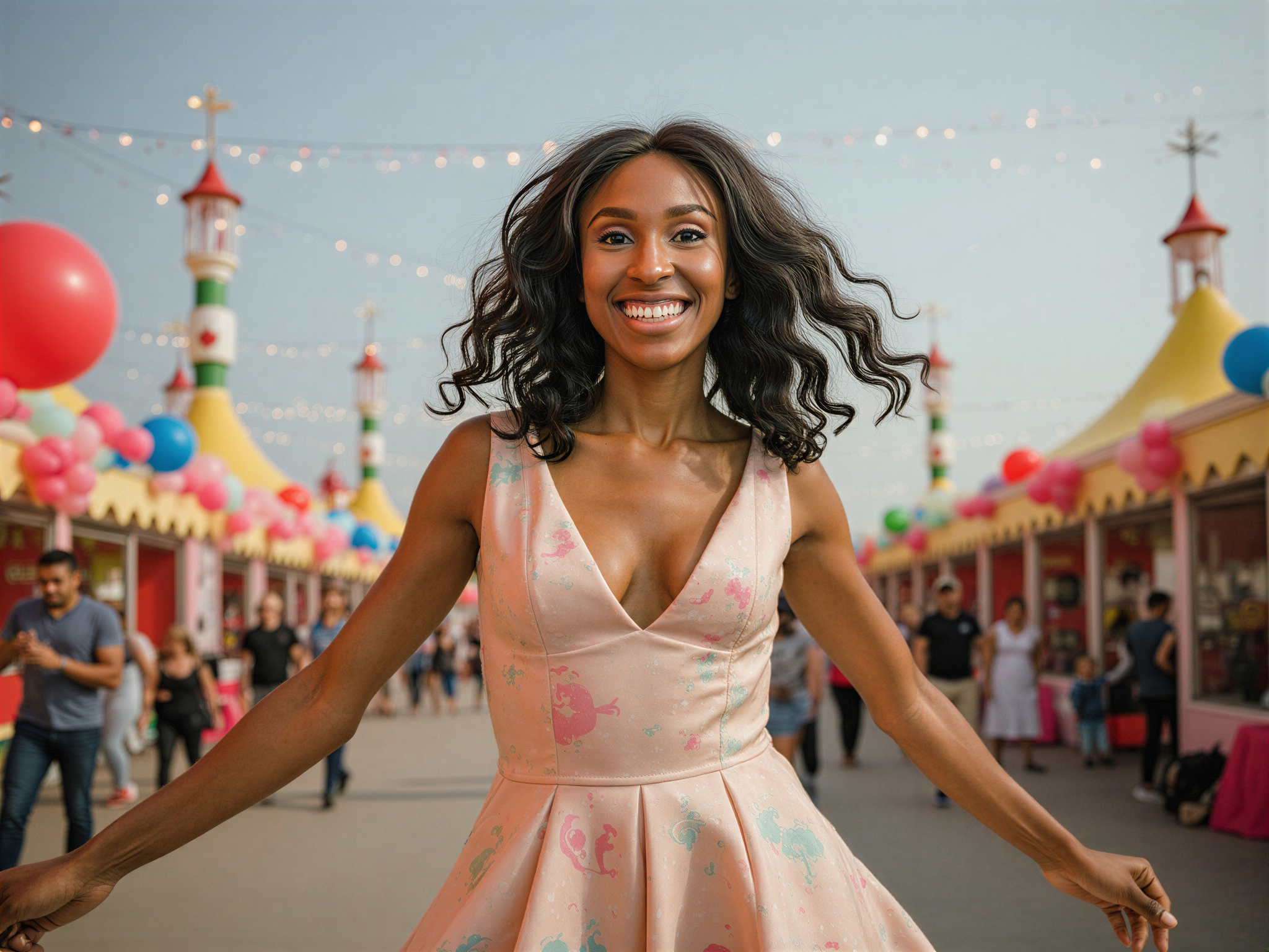A joyful female figure, OD62S, aged 28, embodying the playful spirit of Marin Kitagawa. She is dressed in a vibrant, pastel-colored ensemble featuring a flared mini dress adorned with whimsical patterns. Her hair cascades in loose waves, accentuated by soft curls, and she wears a beaming smile that radiates happiness. The backdrop is a lively carnival scene filled with colorful balloons and fairy lights, capturing a festive atmosphere. The lighting is bright and cheerful, highlighting her energetic pose as she twirls, creating the illusion of movement and joy in the air.