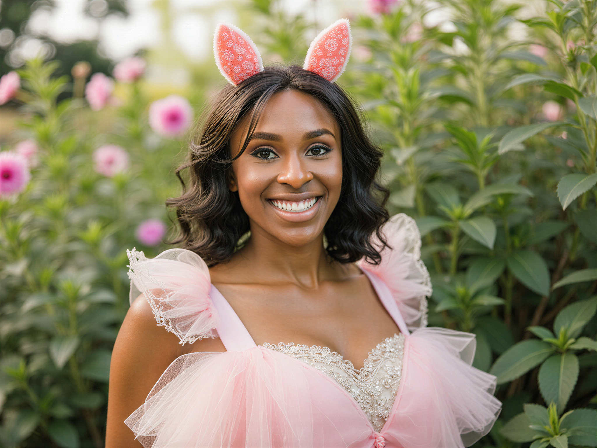 A joyful female model, OD62S, aged 28, embodying the Neko Hime aesthetic. She is styled in a playful, enchanting outfit featuring a pastel-colored, layered tulle dress adorned with lace and ribbons that cascade around her. Cat ears perched atop her head add a whimsical touch. Her hair is styled in soft waves, decorated with small floral accessories. The setting is a vibrant, sunlit garden filled with blooming flowers and lush greenery, enhancing the happy mood of the scene. Natural light casts a warm glow, highlighting her radiant smile and bright eyes, capturing the essence of joy and fantasy in a hyper-realistic style.