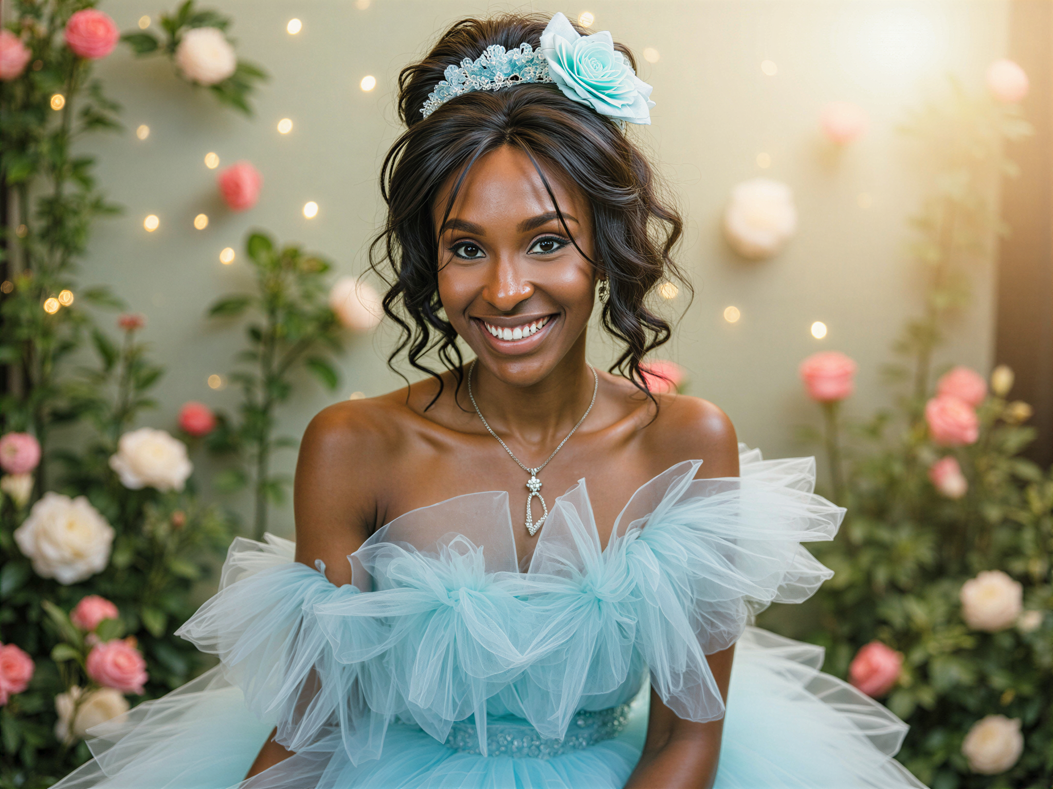 A vibrant and cheerful female figure, OD62S, aged 28, embodies the essence of joy in a whimsical setting inspired by the character Rem from 'Re:Zero.' She wears a stunning, pastel blue dress with ruffled layers and intricate floral embroidery, complemented by a matching hair accessory reminiscent of Rem's iconic style. The background features a dreamy, magical garden filled with blooming flowers and twinkling fairy lights, creating an enchanting atmosphere. Her expression is radiant, capturing a moment of pure happiness, with soft sunlight illuminating her features, enhancing the overall ethereal quality of the image.