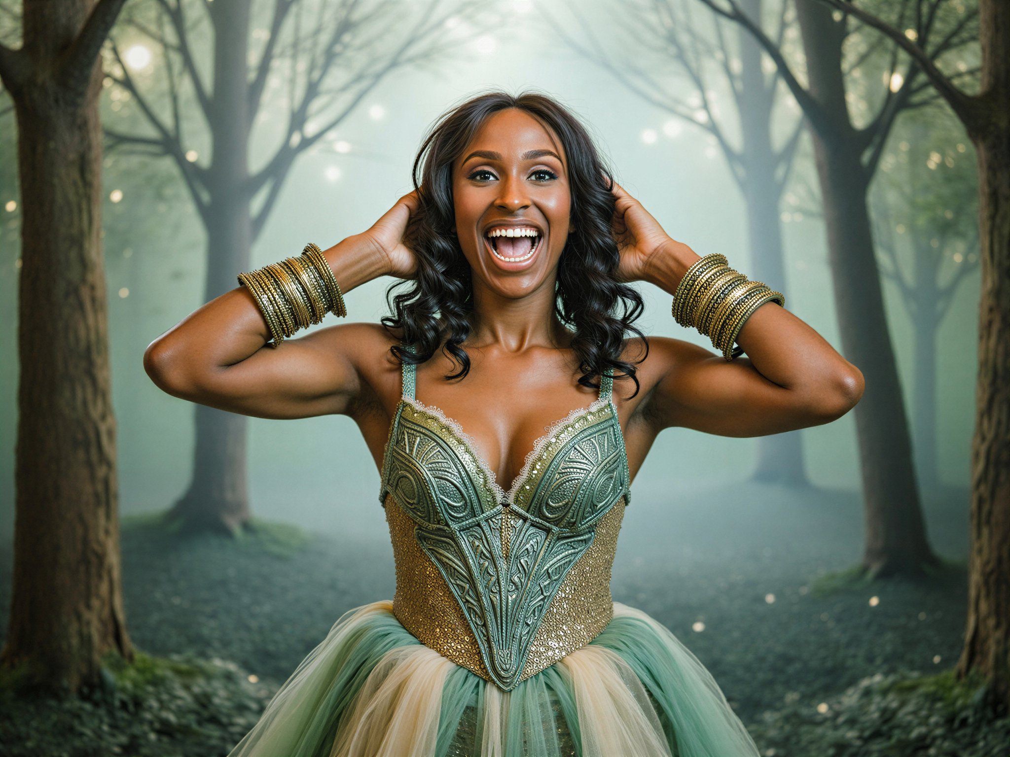 A joyful female cosplayer, OD62S, aged 28, fully embracing a fantasy character with an enchanting outfit featuring layers of iridescent fabric and intricate embellishments. She wears a shimmering gown in shades of teal and gold, adorned with delicate, hand-stitched patterns. Her hair is styled in flowing waves, colored in pastel hues that reflect the magical theme. The background is a whimsical forest, alive with twinkling lights and ethereal plants, creating a dreamlike atmosphere. Her pose is exuberant and playful, exuding happiness as she lifts an arm adorned with several intricate bracelets, showcasing her character's whimsical nature. The lighting is soft and ethereal, enhancing the overall magical feel of the scene.