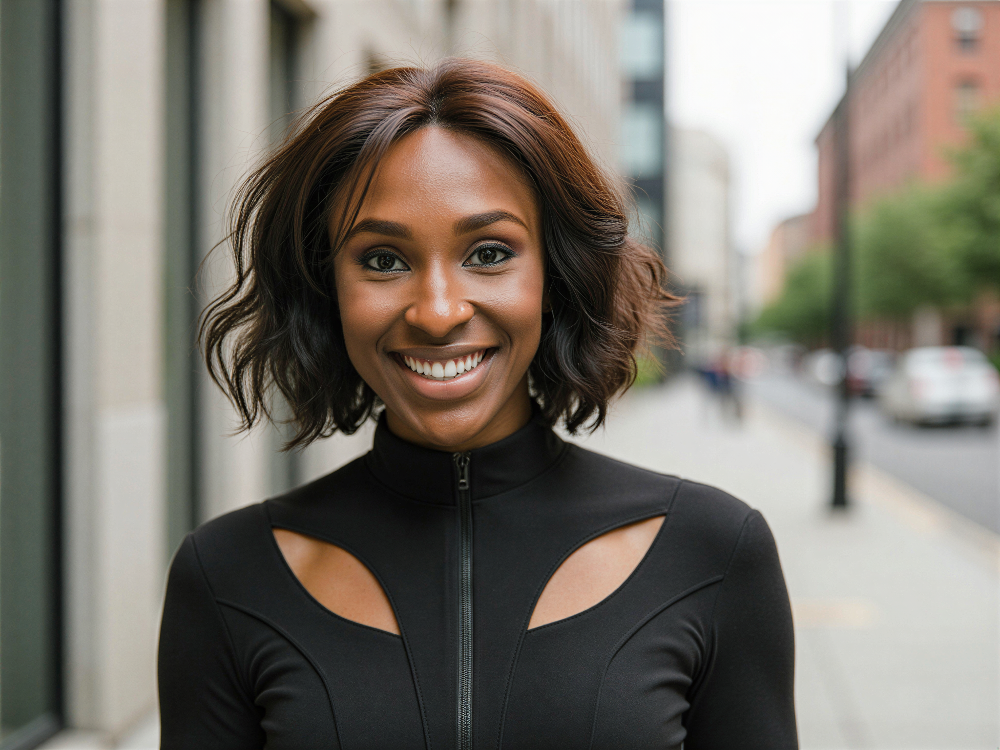 A 28-year-old female, OD62S, embodies the fierce essence of Black Widow in a hyper-realistic role-playing scene. She wears a sleek black bodysuit that hugs her figure, accentuated by strategic cutouts and tactical detailing. Her hair is styled in a bold, chic bob, framing her face, which radiates an unexpected joy, capturing a moment of camaraderie and strength. The backdrop is a bright, urban setting, bringing an upbeat and celebratory atmosphere to the image, contrasting with the character's usual intensity. Natural sunlight highlights her expressive features, creating a vibrant, happy mood that reinterprets the iconic character in a fresh, uplifting light.