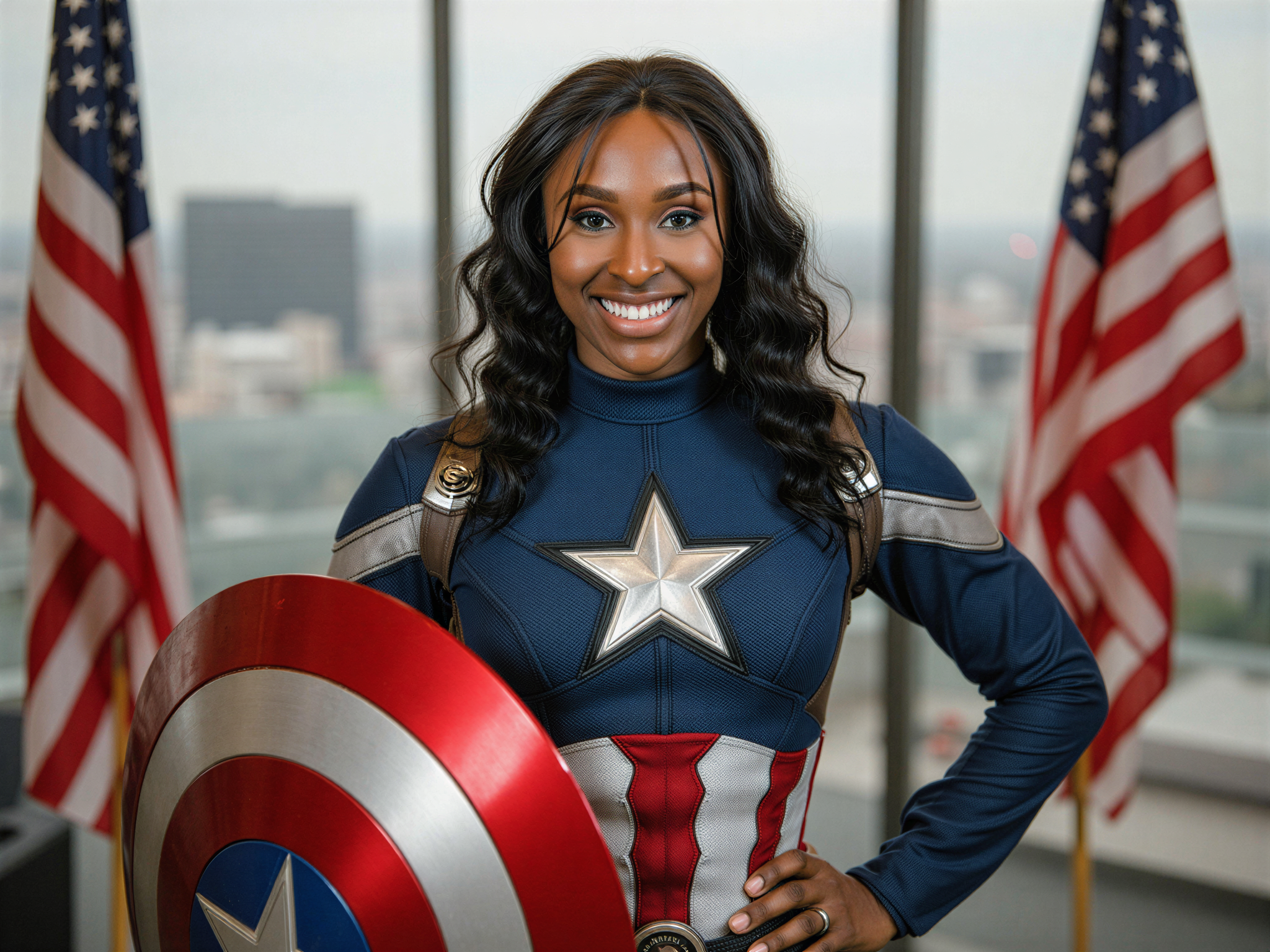 A 28-year-old female, OD62S, ROLE-PLAYING as Captain America in a HYPER-REALISTIC style. She is dressed in a detailed Captain America costume, complete with a star-spangled uniform, red, white, and blue color scheme, and a sturdy shield. Her pose is confident and heroic, embodying the spirit of the character. The background features a patriotic setting with an American flag and a cityscape, capturing the essence of Captain America's world. The mood is happy and empowering, with bright and vibrant lighting that enhances the overall cheerful and inspirational atmosphere.