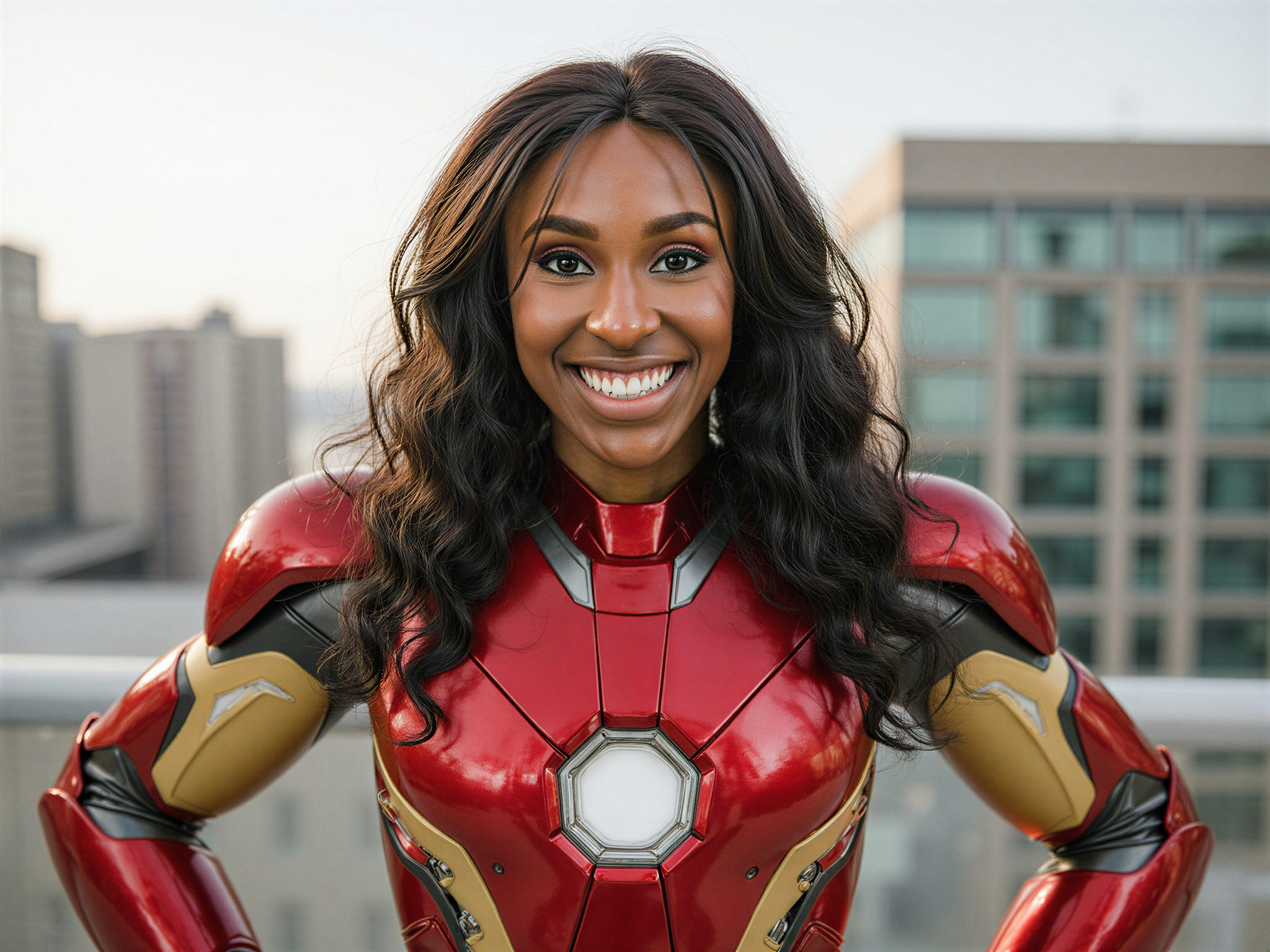 A female individual, OD62S, aged 28, ROLE-PLAYING as Iron Man in a hyper-realistic setting. She wears a meticulously crafted Iron Man suit, complete with intricate detailing and a vibrant red and gold color palette. The suit reflects light dramatically, enhancing the realism. Set against a bright, urban backdrop, she poses confidently with a joyful smile, conveying a sense of empowerment and happiness, as dynamic sunlight creates playful shadows on her armor. The image captures the essence of strength and joy, perfect for an engaging editorial spread.