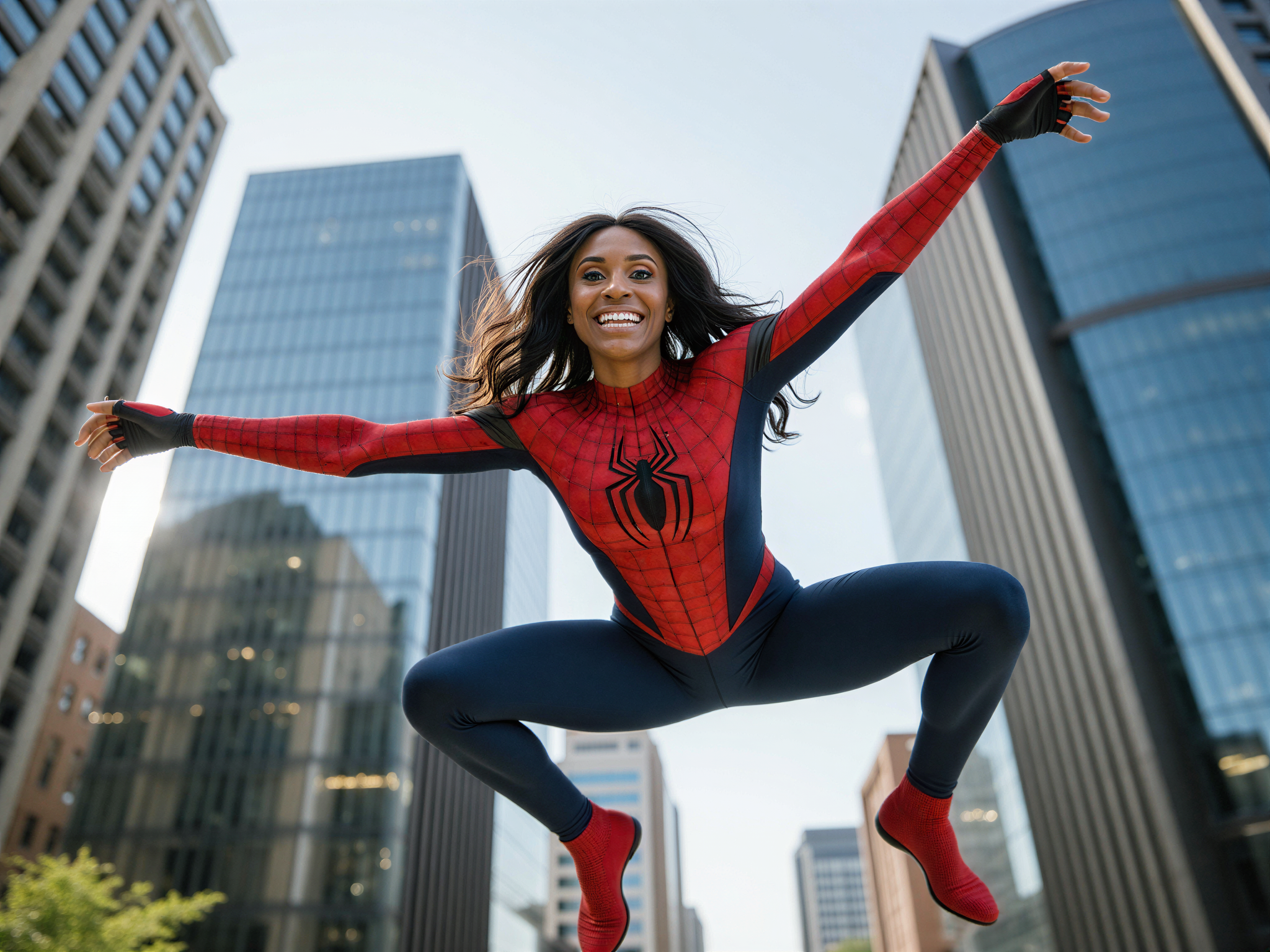 A joyful female character, OD62S, aged 28, depicted as Spider-Man in a vibrant cityscape. She wears a form-fitting, tailored Spidey suit that features the iconic red and blue webbing design. The suit is enhanced with intricate details like shiny textures that reflect sunlight, emphasizing her dynamic posture. With a beaming smile, she swings through the air against a backdrop of tall skyscrapers and a bright blue sky, showcasing her exuberance. The scene captures the essence of freedom and adventure, embodying a euphoric mood through rich colors and expressive motion, creating a photorealistic image. Butterfly lighting illuminates her face, highlighting her happiness as she embodies the superhero's spirit. This image perfectly blends high fashion with a playful role-play element.