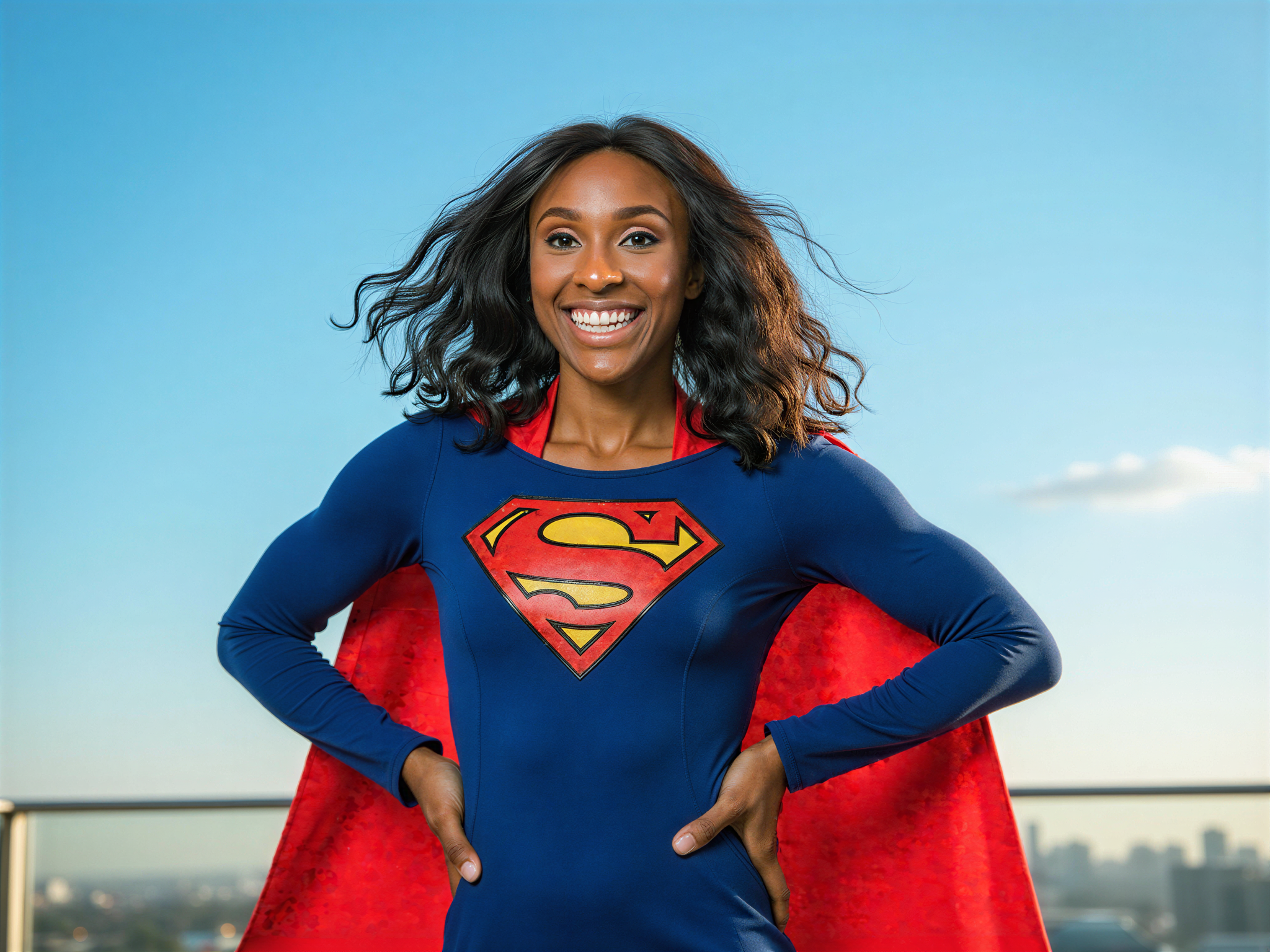A vibrant and joyful female figure, OD62S, aged 28, depicted as a superhero inspired by Superman. She stands confidently posed against a bright blue sky, wearing a modern, hyper-realistic superhero costume in deep royal blue with a striking red cape flowing behind her. Her outfit features a stylized ‘S’ emblem in red and gold at the chest, accentuating her empowered stance. With a wide, delighted smile, her hair billows in the wind as she embodies strength and happiness. The environment is dynamic, with hints of a bustling city skyline in the background, suggesting movement and adventure. The lighting emphasizes her features, casting a warm glow that echoes the mood of joy and heroism.