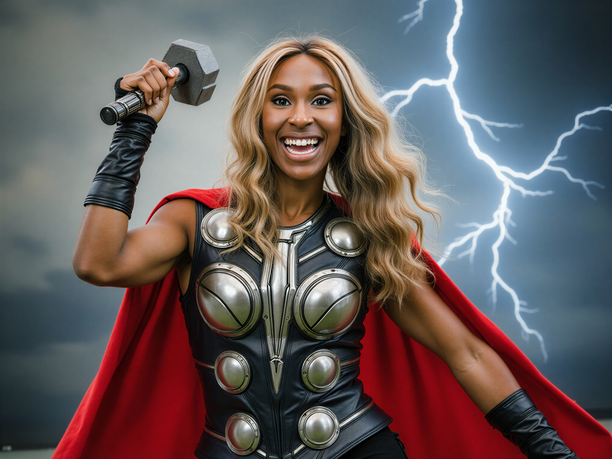 A 28-year-old female, OD62S, role-playing as Thor, featuring rich, flowing golden hair cascading down her shoulders, embodying strength and femininity. She wears a custom-made, metallic blue and silver armor with intricate detailing, juxtaposed with a flowing red cape that billows dramatically. Her pose is powerful yet joyful, one arm raised triumphantly holding Mjolnir, the iconic hammer. The background is a vibrant, stormy sky with flashes of lightning, enhancing the magical atmosphere. Soft, natural lighting captures her radiant smile, evoking a sense of happiness and empowerment, creating an image that is both fantastical and relatable. The essence is a celebration of strength and joy, inviting viewers to embrace their inner heroes.