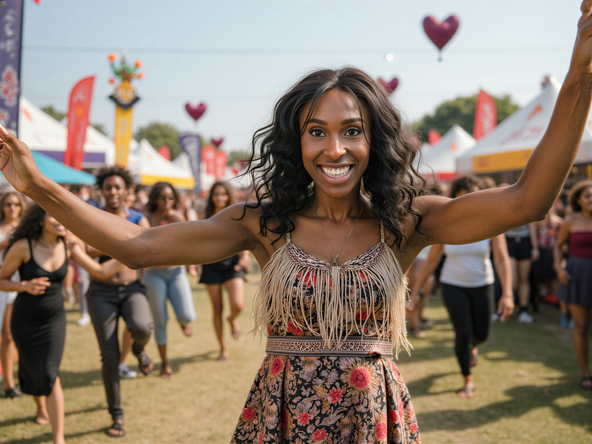 A vibrant and joyful festival scene featuring a female figure, OD62S, aged 28. She embodies the spirit of celebration, dressed in a colorful, intricately patterned maxi dress adorned with floral motifs and layered fringe details that sway with movement. Her wavy hair is adorned with wildflowers, enhancing her playful demeanor. The background bursts with colorful festival decorations and a lively crowd, capturing a mood of happiness and exuberance as she twirls, arms raised, with a beaming smile. Bright, natural light illuminates the scene, highlighting the carefree essence of summer. The image radiates joy, inviting viewers into the heart of the celebration.