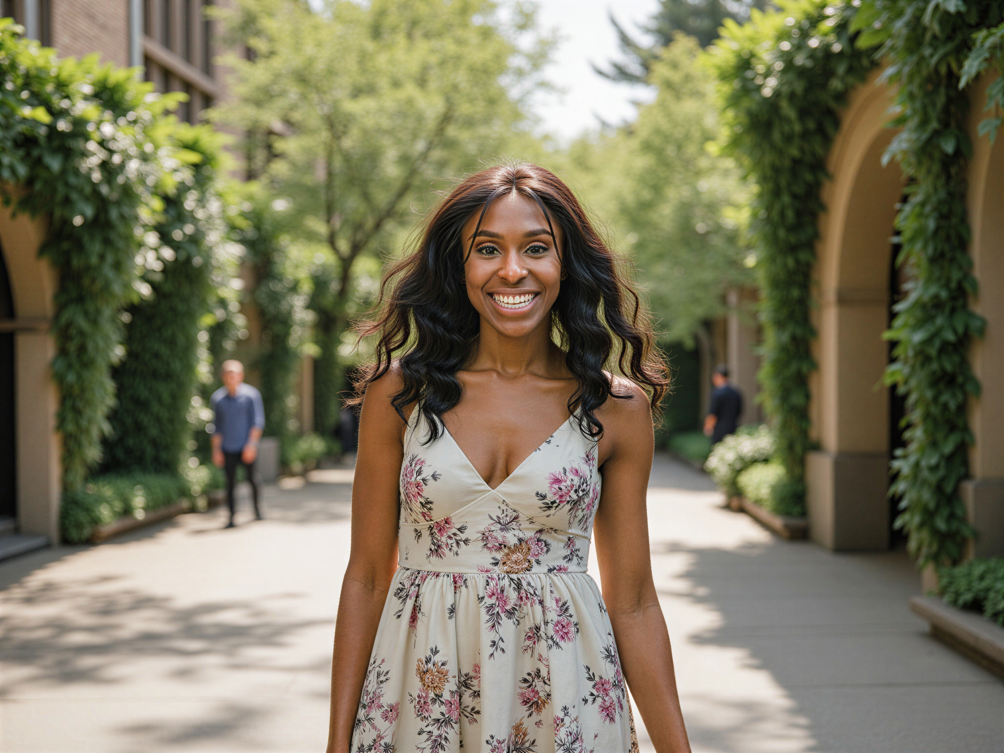 A joyful female individual, OD62S, aged 28, captured in a vibrant outdoor scene at a picturesque university campus, surrounded by iconic landmarks such as ivy-covered buildings and historic arches. She wears a chic, casual outfit featuring a flowy floral dress adorned with pastel hues, complemented by stylish sneakers. Her hair flows freely in the gentle breeze, and her beaming smile radiates warmth and happiness. The sunlight filters through the leaves, casting playful shadows, creating a dreamy, uplifting atmosphere that encapsulates the essence of youthful exuberance and academic exploration. The image perfectly captures the happy mood of campus life, evoking a sense of nostalgia and freedom.