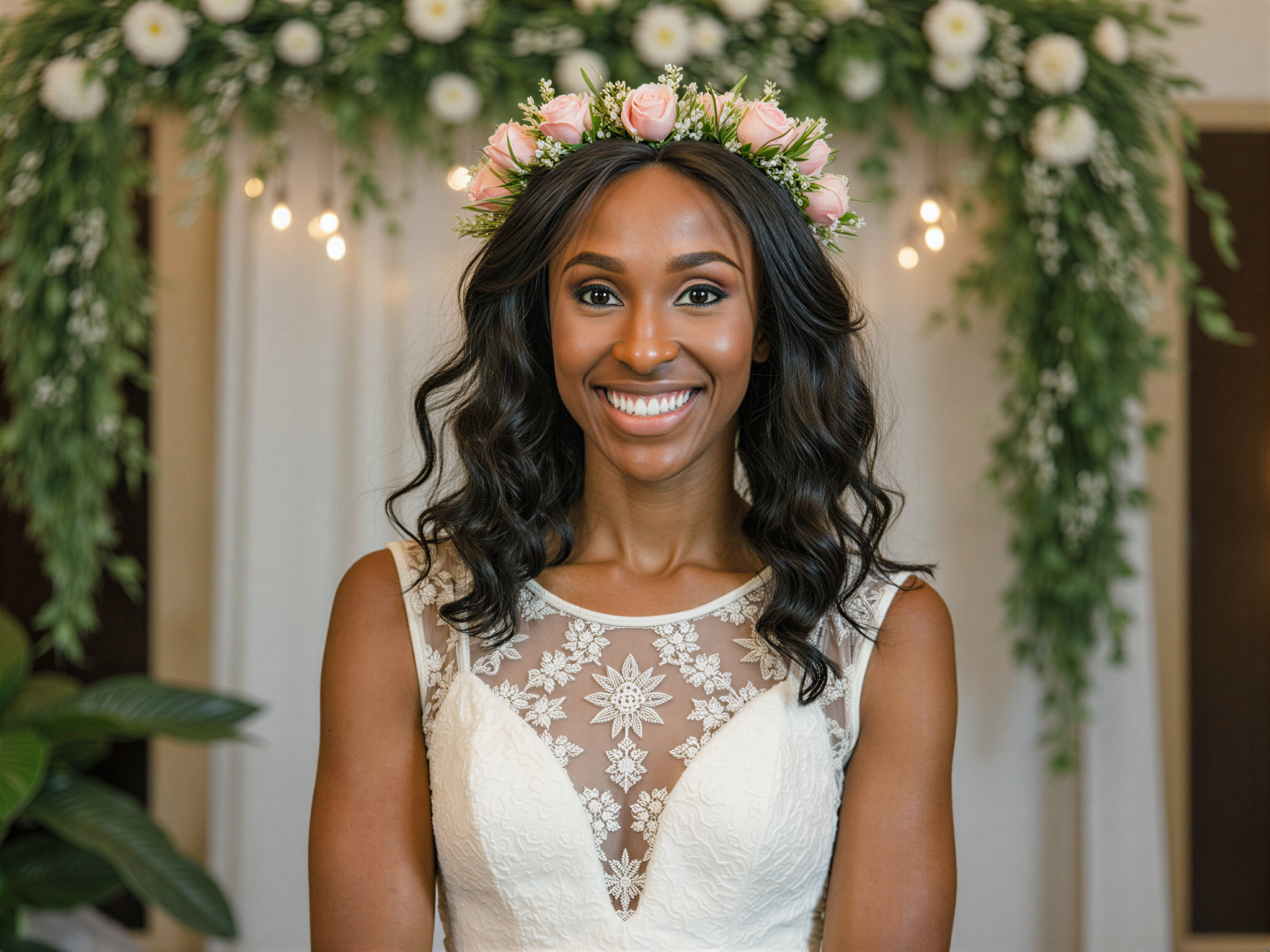 A radiant female figure, OD62S, aged 28, captured in a joyful ceremony setting. She wears an ethereal, flowing gown crafted from delicate chiffon georgette, a soft ivory color that glimmers in natural light. The gown features intricate lace details along the neckline and sleeves, perfectly complemented by a floral crown made of pastel blooms. Her hair cascades in soft waves around her shoulders, and her glowing smile radiates happiness. The background is adorned with lush greenery and draping fairy lights, enhancing the celebratory mood of the moment. The composition conveys a sense of blissful elegance and heartfelt joy, framed beautifully with a shallow depth of field to isolate her as the focal point of this enchanting ceremony.