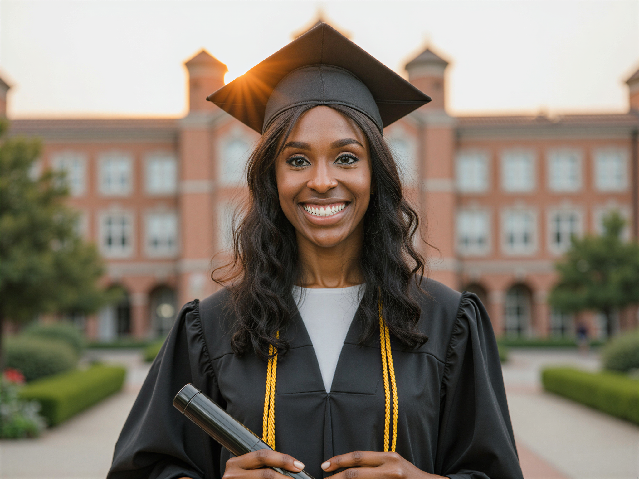 A joyful and accomplished female graduate, OD62S, aged 28, standing confidently in her graduation cap and gown. She holds her diploma with pride, her face lit up with a radiant smile. The background features a prestigious university campus, with the sun casting a warm, celebratory glow. The image captures the essence of achievement and the beginning of a new chapter in her life.
