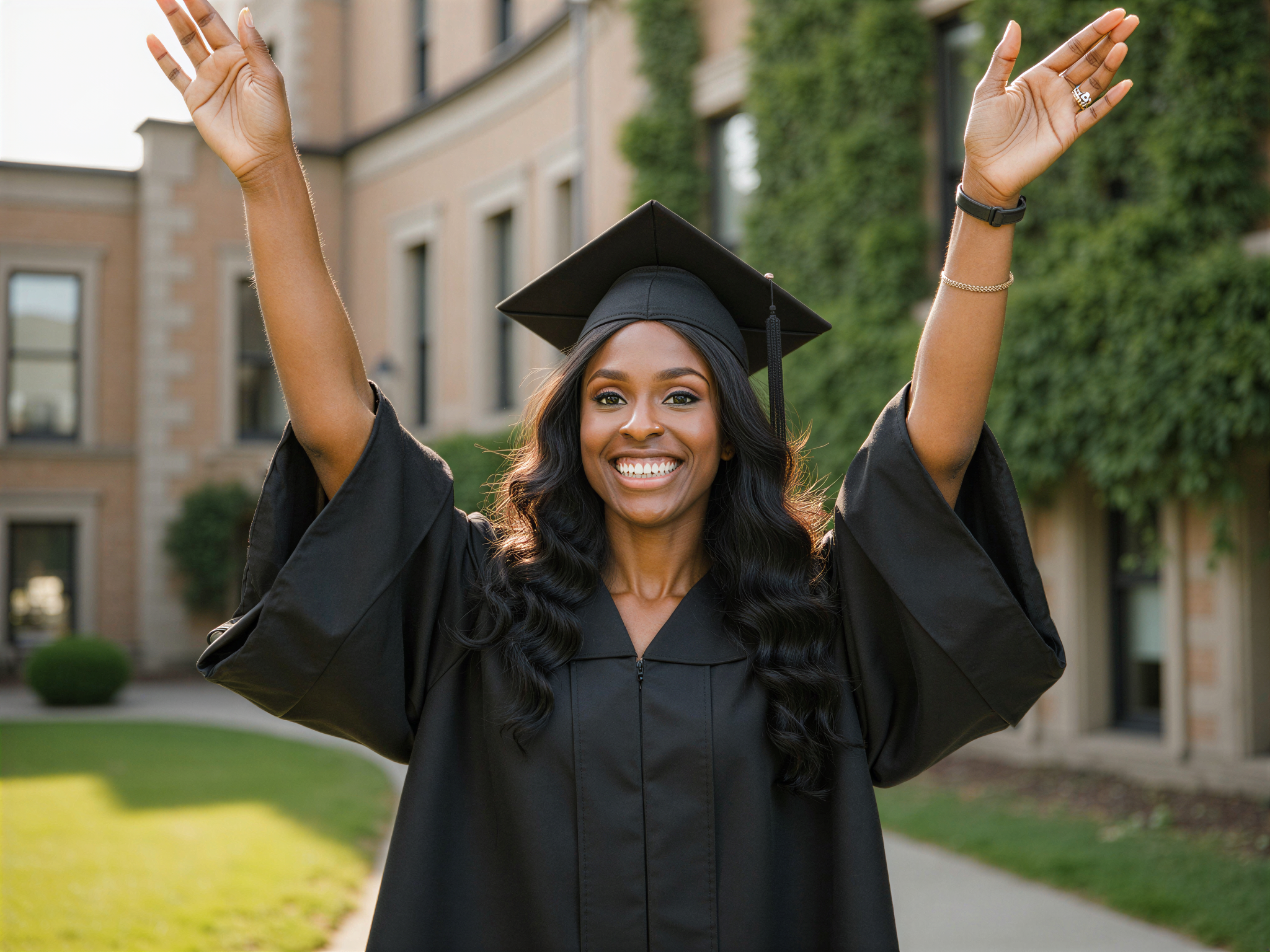 A joyful female graduate, OD62S, aged 28, is captured in an uplifting moment after receiving her diploma. She stands in front of a classic university building adorned with ivy, her black graduation gown fluttering gently in the breeze. Her mortarboard is tilted playfully on her head, and her face beams with pride and happiness, showcasing her bright smile and glowing skin. The background is bathed in warm sunlight, creating a golden hour effect that enhances the celebratory mood. She holds her diploma high in one hand while the other arm is raised in a triumphant pose. The overall atmosphere radiates joy, achievement, and the thrilling excitement of new beginnings, framed in a composition that embodies the essence of graduation success.