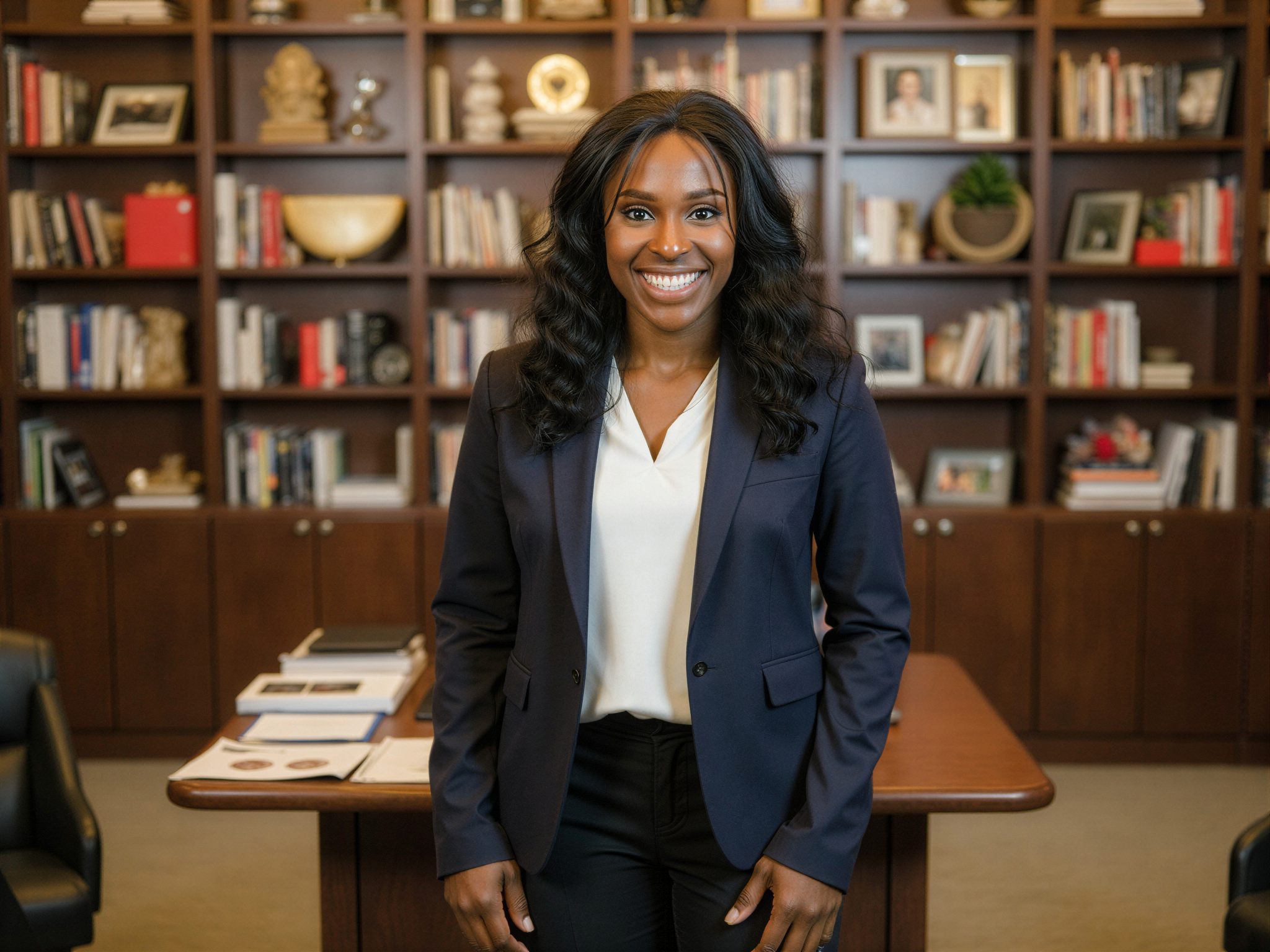 A female figure, OD62S, aged 28, embodying the triumph and joy of her thesis defense. She stands confidently at a podium in an academic setting, wearing a tailored navy blazer over a crisp white blouse, paired with sophisticated black trousers. Her hair is elegantly styled in soft waves, and her smile radiates happiness and pride. The background is adorned with bookshelves filled with academic texts, and tasteful decorations that reflect her field of study. The lighting is warm and inviting, enhancing the celebratory atmosphere, while her posture suggests confidence and accomplishment.